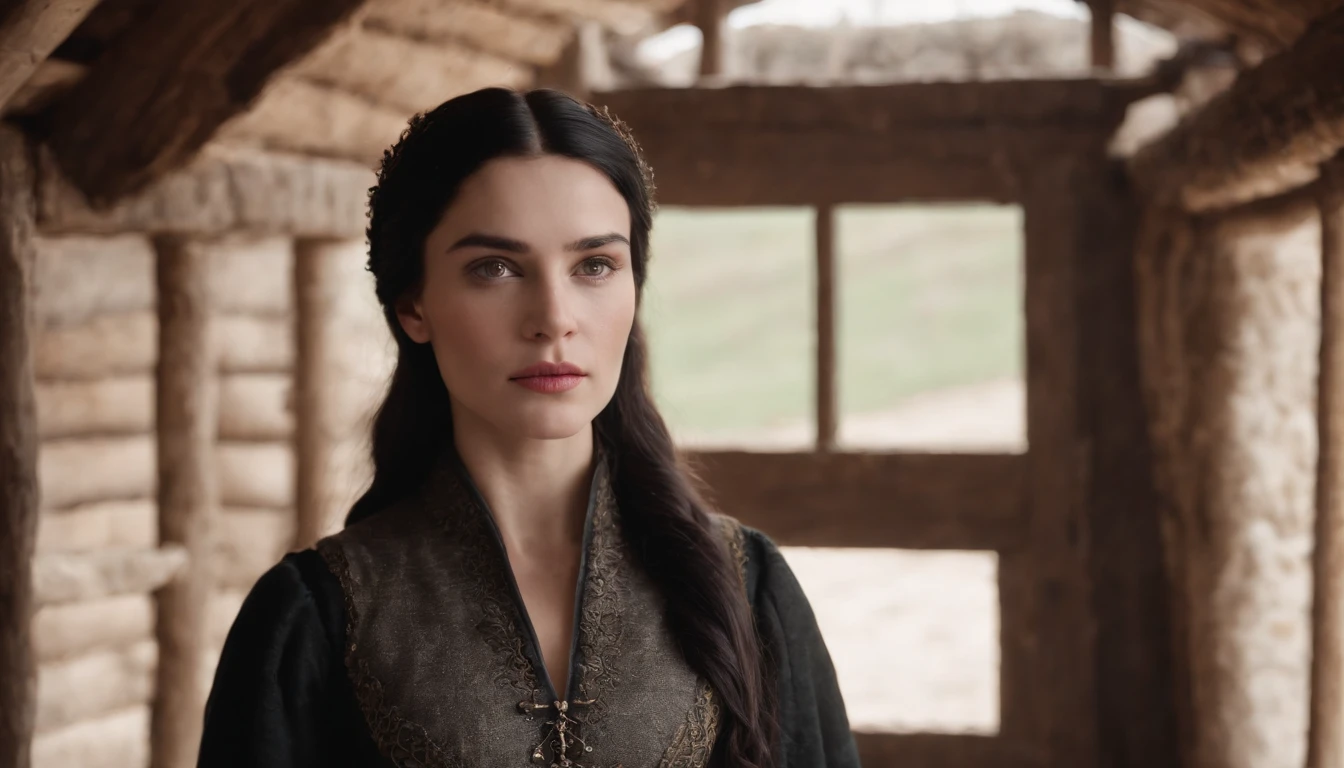 young medieval woman with black hair and brown eyes, wearing a winter riding gown, inside the stall of a medieval wood Hungarian stables in winter, snow outside, day, gothic, suspense, 8k, cinematic scene from period film, cinematic, in the style of cinematographer Dion Beebe