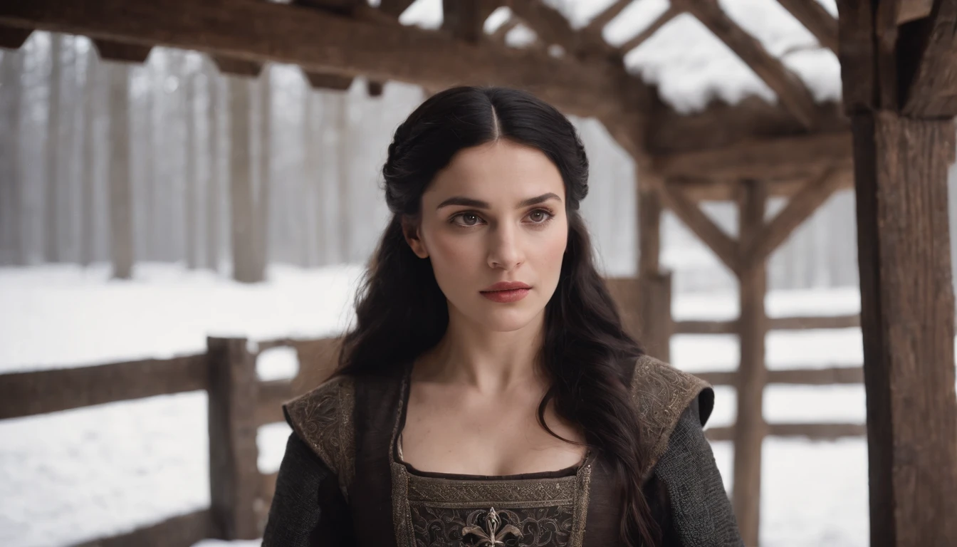 young medieval woman with black hair and brown eyes, wearing a winter riding gown, inside the stall of a medieval wood Hungarian stables in winter, snow outside, day, gothic, suspense, 8k, cinematic scene from period film, cinematic, in the style of cinematographer Dion Beebe