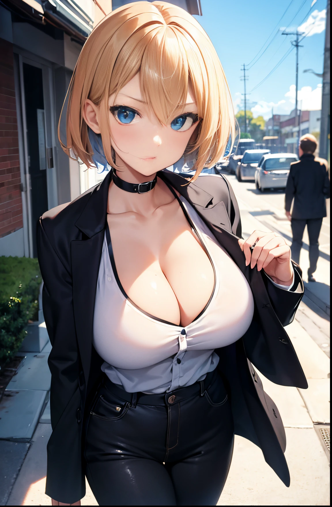 2D Anime Style、hight resolution,Blue eyes、Beautiful shining eyes,  (Talented lo-fi:1.3),breasts are slightly larger、high and beautiful nose,Beautiful face with slender contours, cool angry expression,adult woman with short blond hair......................、,Fashion that shows cleavage, he is wearing a white shirt and black pants、and is wearing a long black coat。。。。。。..,walking down the streets of america,