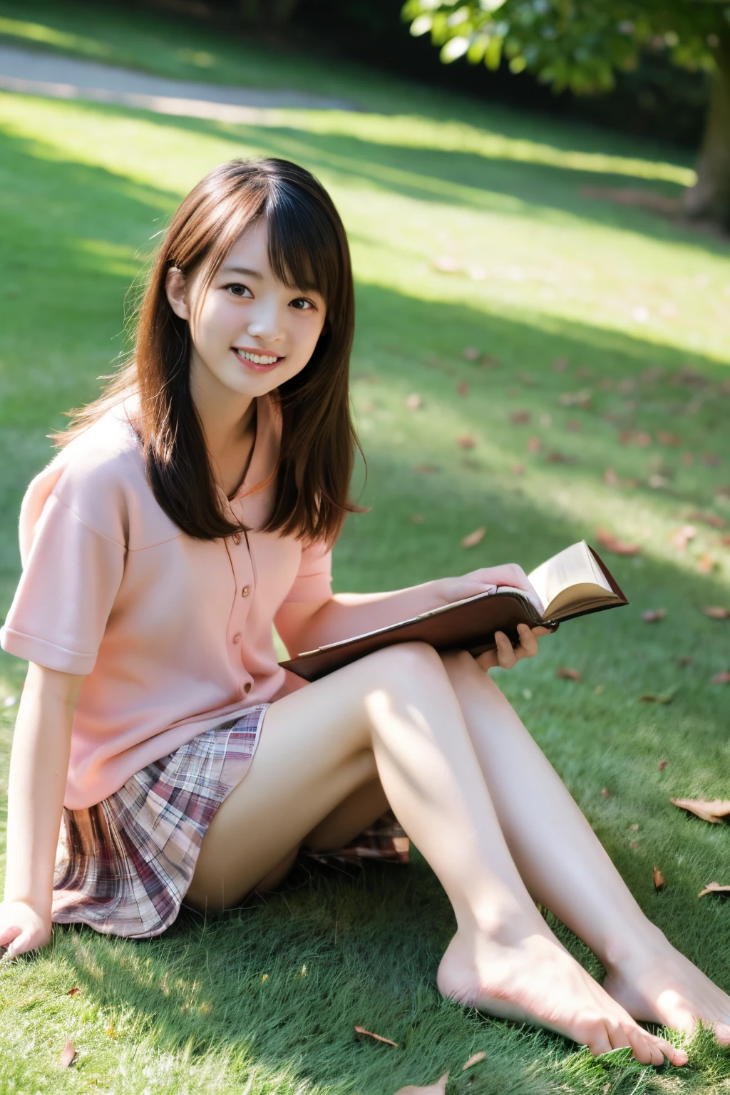 ((Best Quality)), ((masutepiece)), (Detailed), Perfect face 8K resolution、Ultra-high-definition CG images、1girl in, japanaese girl, (Sitting on the grass leaning against a tree, Reading a book, Knees together, Feet apart, up skirt, Exposed , (hairy:1.1), (Pubic hair:1.1), (view from front, low angles), Onepiece, Detailed, morning, Sunrise, High resolution, ultra-quality, Super masterpiece, Colored leaves,Smile