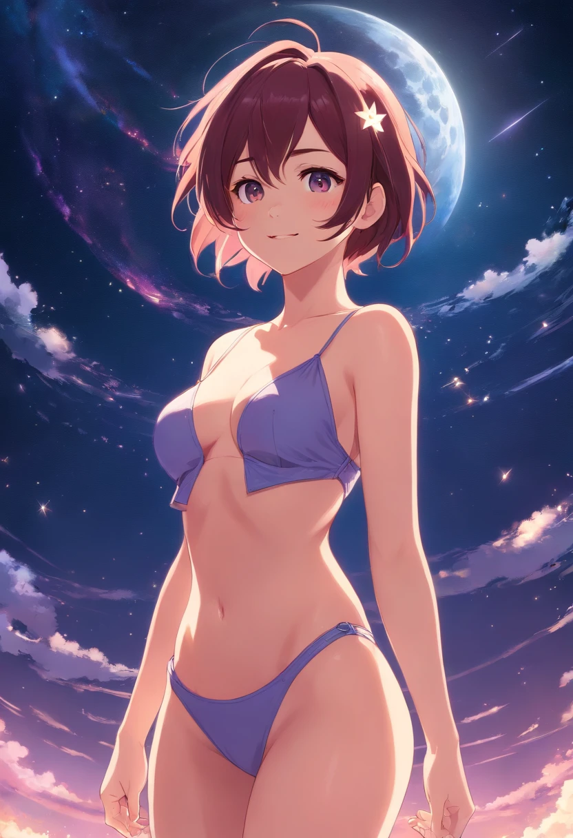 master part, high, high quality, detailed face, detailed body rendering, full body 1girl, solo, nude, Sakura Haruno, large breasts, short hair, nude shoulders, Standing, Blushes, smile, sexy pose, hair ornament, night, space, nebula, moon and stars, galaxy,