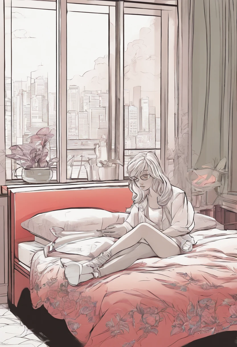 a beautiful woman in modern clothes dances in her room to the sound of electronic dance music