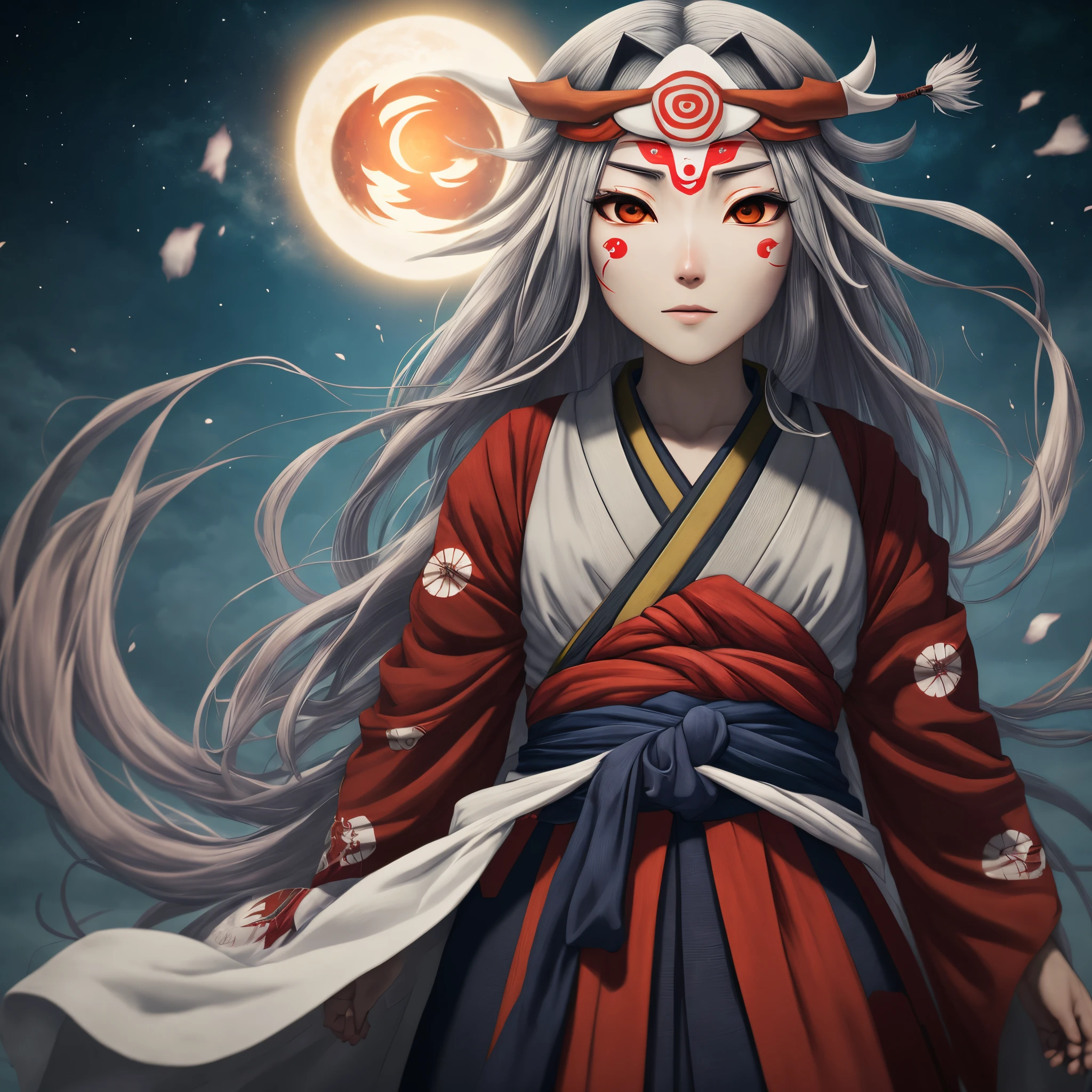 Anime girl with long hair and red eyes standing in front of a full moon ...
