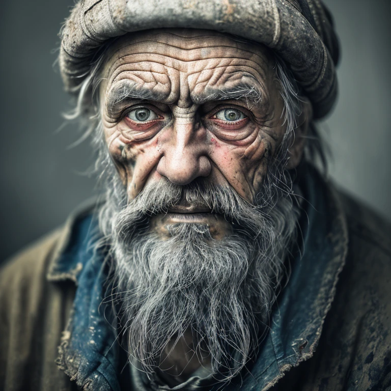 A portrait of poor russian 1800 old worker in rags, ((overwhelming fatigue )), wrinkles of age, concept art, oil pastel painting , moody gray colors , gritty, messy stylestyle of Alexey Savrasov, Ivan Shishkin, Ilya Repin, (cel shaded:1.2), 2d, (oil painting:1.2) highly detailed