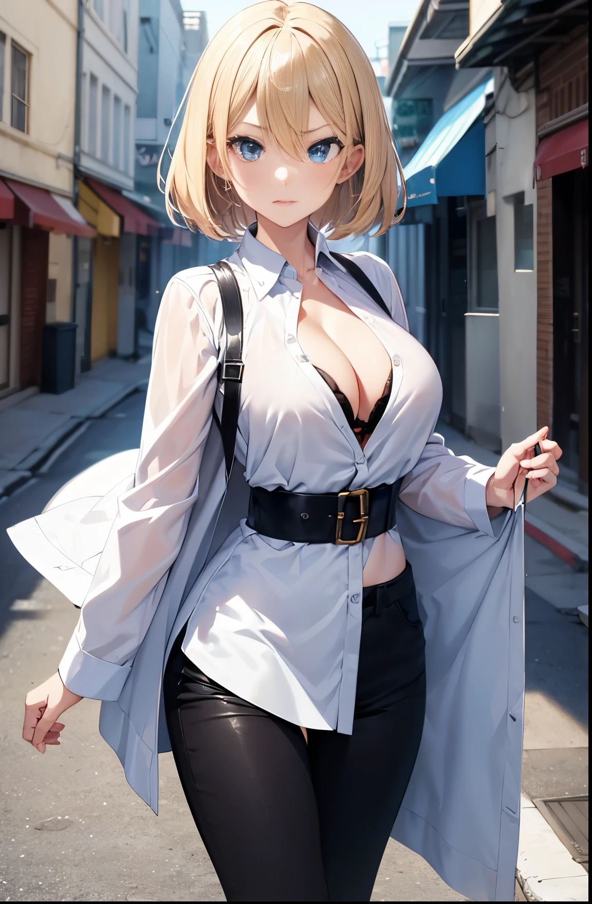 2D Anime Style、hight resolution,Blue eyes、Beautiful shining eyes, (Talented lo-fi:1.3),breasts are slightly larger、high and beautiful nose,Beautiful face with slender contours, cool angry expression,adult woman with short blond hair......................、,Fashion that shows cleavage, he is wearing a white shirt and black pants、and is wearing a long black coat。。。。。。..,walking down the streets of america,