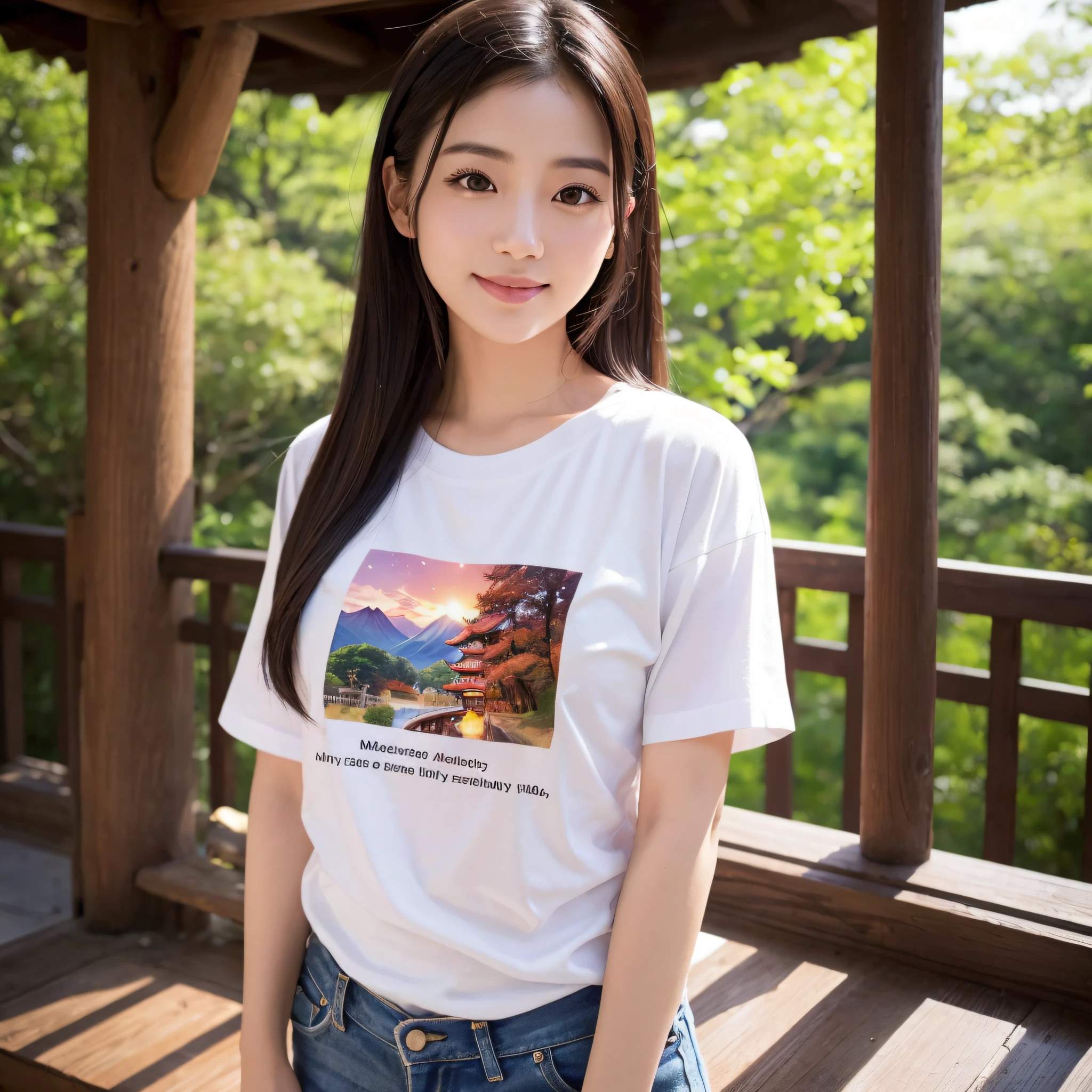 One beauty、((best qualtiy、8k masterpieces:1.3))、foco nítido:1.2、(ultra beautiful faces:1.0)、(shinny skin:1.0)、photos realistic、A dark-haired、Video Lighting、High-definition eyes and face、Video Lighting、Japanese actressl、from the front side、medium breasts、Smile、Slender Abs Beauty、Whole body、Kanji for Japan「tenderness」Wearing a T-shirt、At the shrine