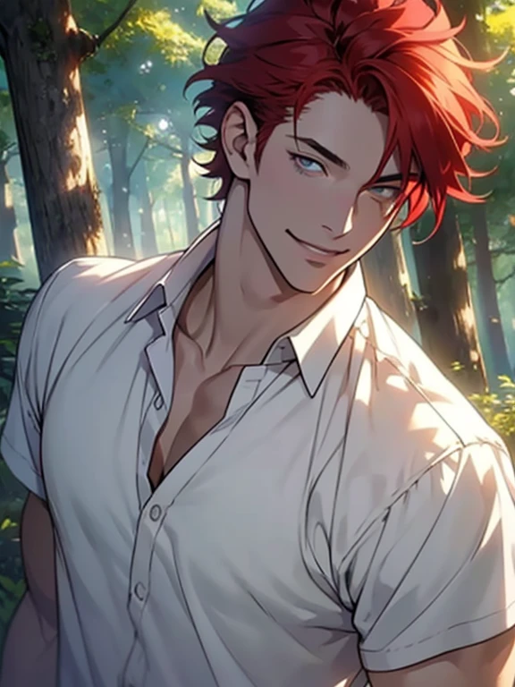 ((masterpiece, best quality)),1male, solo, anime, handsome mature anime man, bishonen, very short hair, red hair, messy hair, smiling warmly, sharp features, beautiful eyes, gold eyes, mottled sunlight, daytime, forest, upper body, handsome pose, detailed, intricate, fantasy, white shirt, scars on neck, scars on face