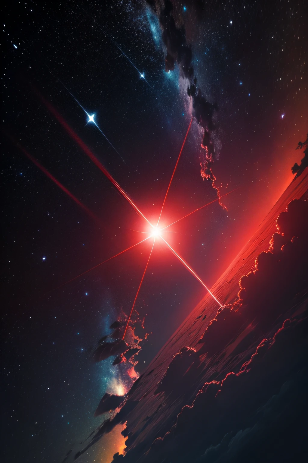 a red star shines brightly in the dark sky