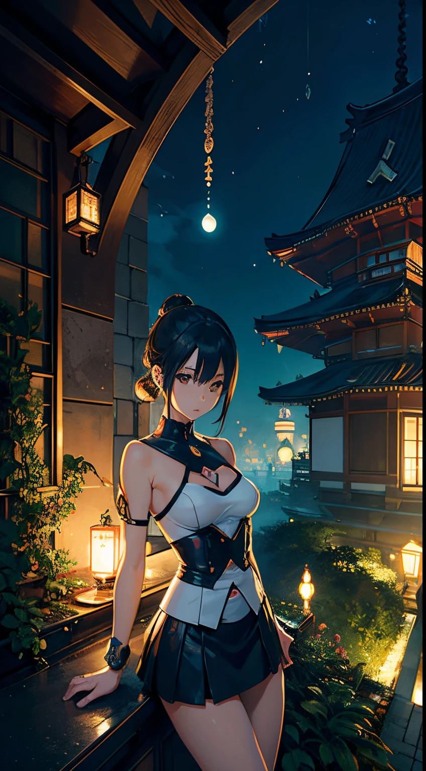 Tomoyoshi Murayama Art, mario laboccetta illustrator, Surreal, mysterious, strange, fantastical, fantasy, Sci-fi, Japanese anime, geometric three-dimensional sculptor's garden, amber sea, miniskirt beautiful girl on the roof, perfect voluminous body, detailed masterpiece