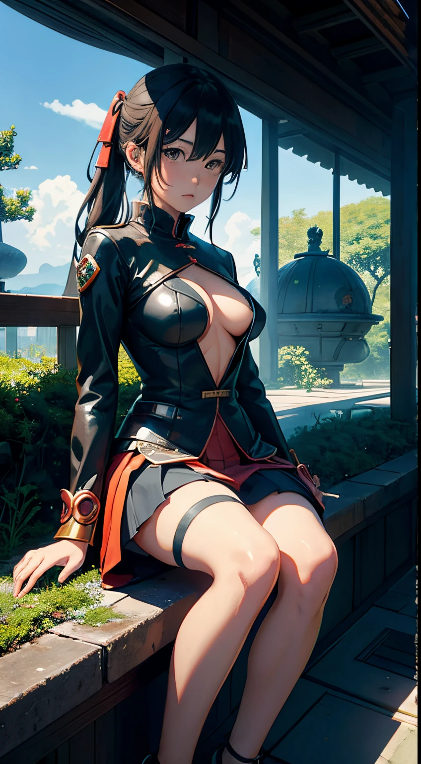 Tomoyoshi Murayama Art, mario laboccetta illustrator, Surreal, mysterious, strange, fantastical, fantasy, Sci-fi, Japanese anime, geometric three-dimensional sculptor's garden, amber sea, miniskirt beautiful girl on the roof, perfect voluminous body, detailed masterpiece