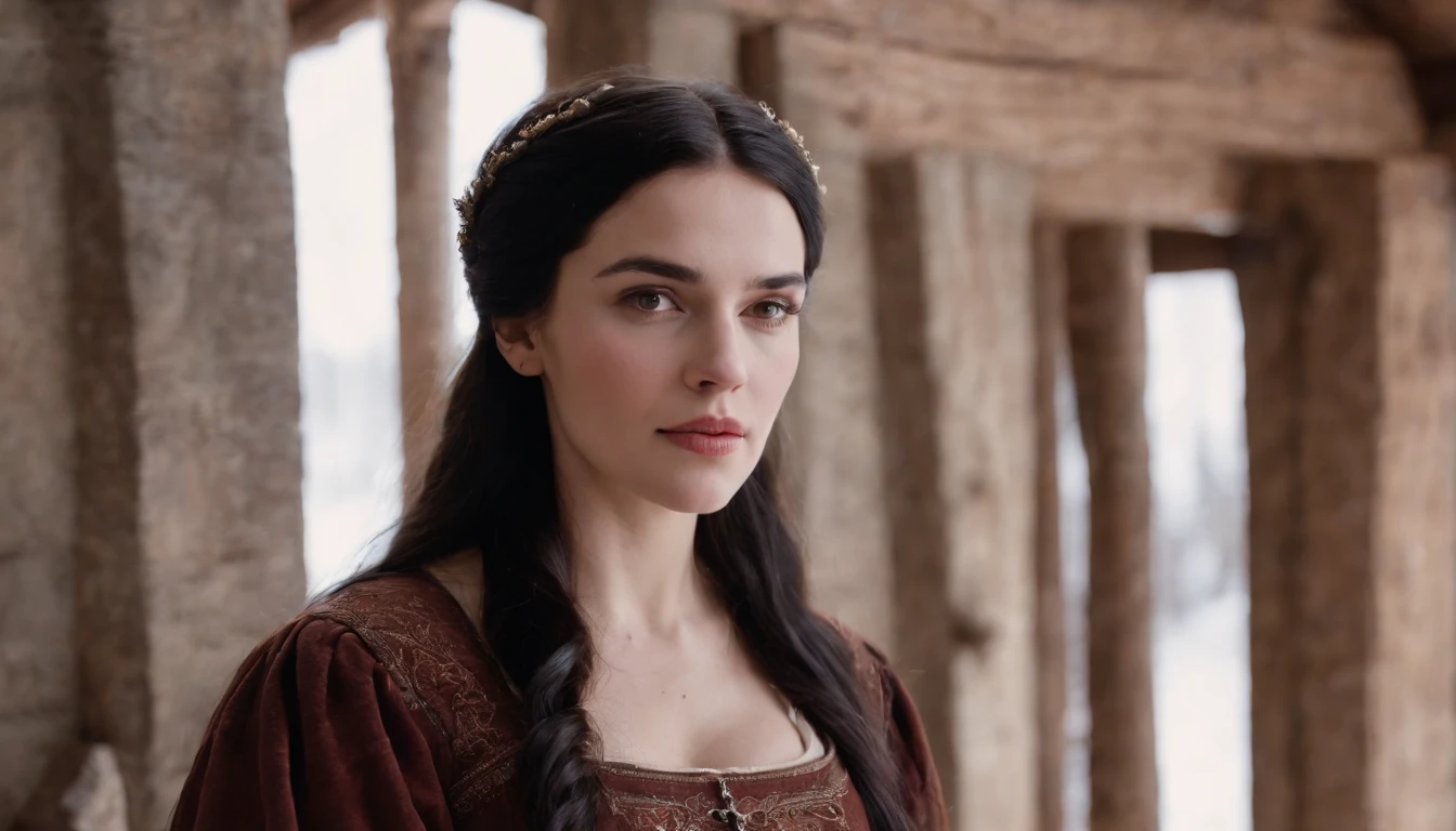 young medieval woman with black hair and brown eyes, wearing a winter riding gown, inside the stall of a medieval wood Hungarian stables in winter, snow outside, day, gothic, suspense, 8k, cinematic scene from period film, cinematic, in the style of cinematographer Dion Beebe