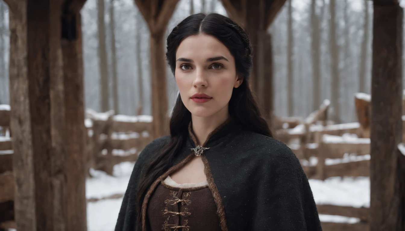 young medieval woman with black hair and brown eyes, wearing a winter riding gown, inside the stall of a medieval wood Hungarian stables in winter, snow outside, day, gothic, suspense, 8k, cinematic scene from period film, cinematic, in the style of cinematographer Dion Beebe