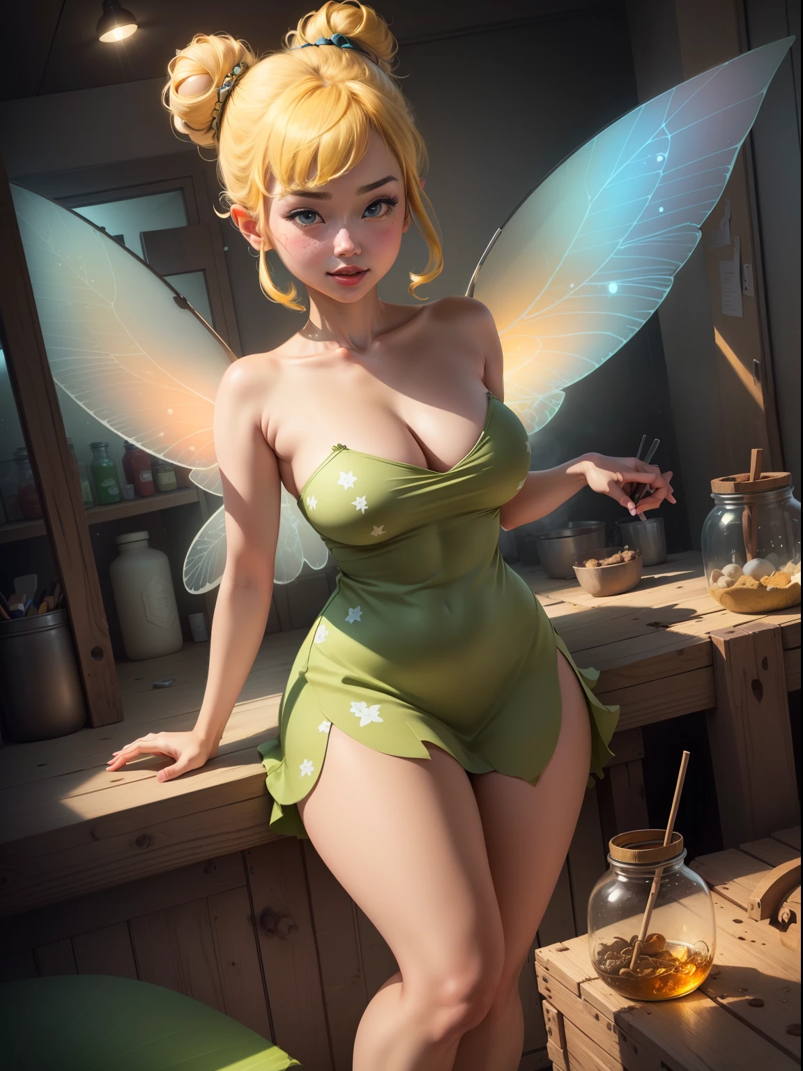 (tinkwaf:1), ssmile, cute big breasts, Cute pose, looking at viewert, Thigh thick, single hair bun, short detailed hair, (Green bandeau dress:1), (Fairy wings), sitted, (breasts focus:1.2), from the above,
(actual:1.2), (hentail realism), (tmasterpiece:1.2), (Best quality at best), (ultra - detailed), (8K, 4K, iintricate),(Full body photo:1),(cow boy shot:1.2), (85mm),Light particles, lamplight, (The is very detailed:1.2),(详细的脸:1.2), (Gradient), SFW, Colorful,(詳細な目:1.2),
(detailed landscape, Inside a glass jar:1.2),(detailedbackground),Detailed landscape, (dynamic angle:1.2), (dynamicposes:1.2), (rule of third_artworks:1.3), (Line of action:1.2), wide wide shot, sunlights, Alone,