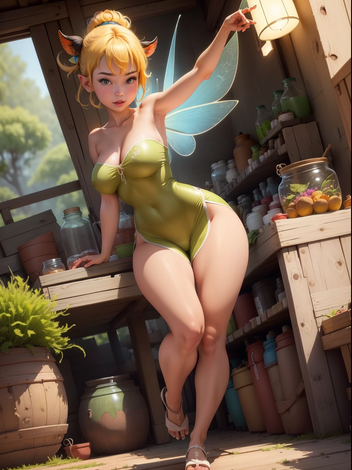 (tinkwaf:1), ssmile, cute big breasts, Cute pose, looking at viewert, Thigh thick, single hair bun, short detailed hair, (Green bandeau dress:1), (Fairy wings), sitted, (breasts focus:1.2), from the above, 
(actual:1.2), (hentail realism), (tmasterpiece:1.2), (Best quality at best), (ultra - detailed), (8K, 4K, iintricate),(Full body photo:1),(cow boy shot:1.2), (85mm),Light particles, lamplight, (The is very detailed:1.2),(详细的脸:1.2), (Gradient), SFW, Colorful,(詳細な目:1.2),
(detailed landscape, Inside a glass jar:1.2),(detailedbackground),Detailed landscape, (dynamic angle:1.2), (dynamicposes:1.2), (rule of third_artworks:1.3), (Line of action:1.2), wide wide shot, sunlights, Alone,