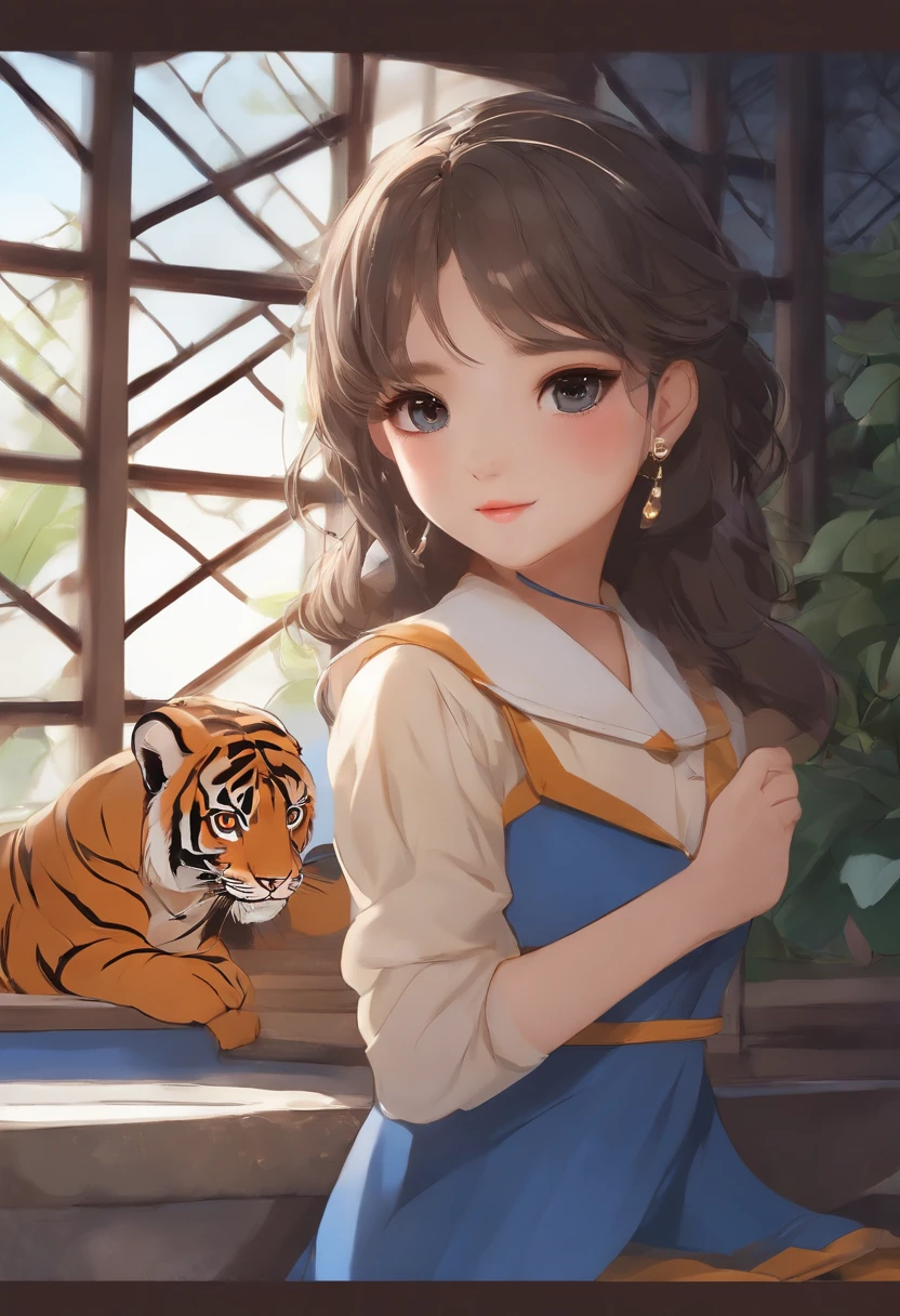 -yeld beiful girl　The skin is shiny、I&#39;m with a big tiger、wearing blue eyeshadow、the girl is wearing a sailor suit、　they are on a tiled roof、Best Quality、The girl is looking at me seductively.、showing determination、unbalanced composition