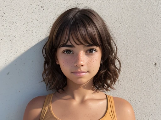 1girl. Tan skin, freckles on nose, freckles on cheeks, dark brown hair, short wavy hair, young, pregnant,