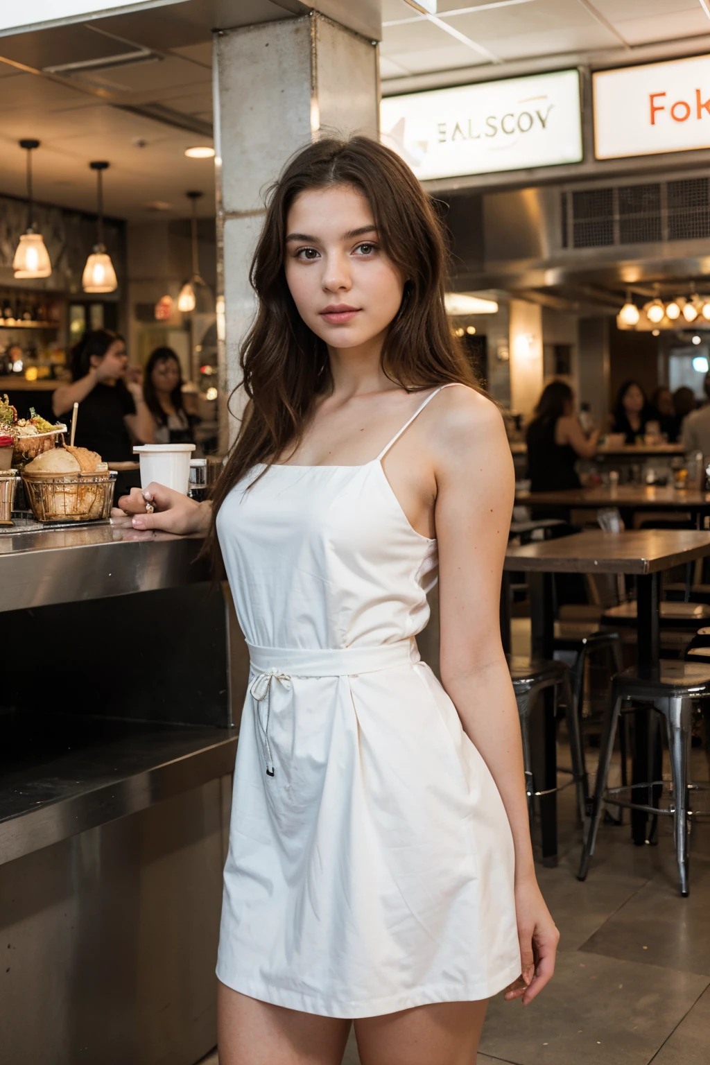 photography of a 20yo woman, perfect face, masterpiece, wearing black and white dress, standing in big restaurant, with clear background