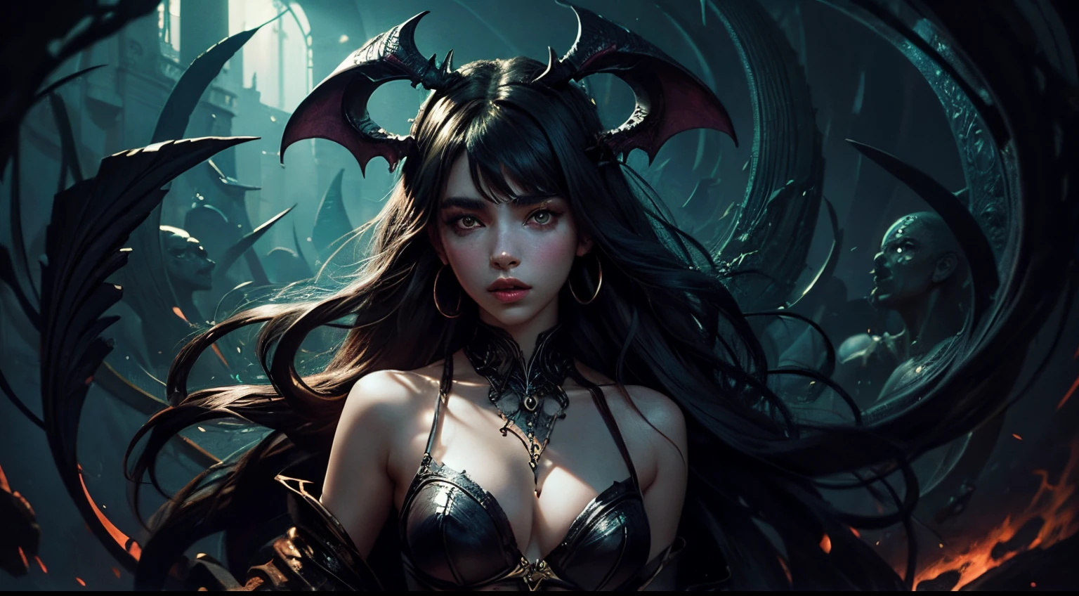 A succubus with the face of Emily Rudd: Dua Lipa, Sensual posture, (half-body portrait) concept-art, dark fantasy background, abstract beauty, the ultra-detailed, Brom style