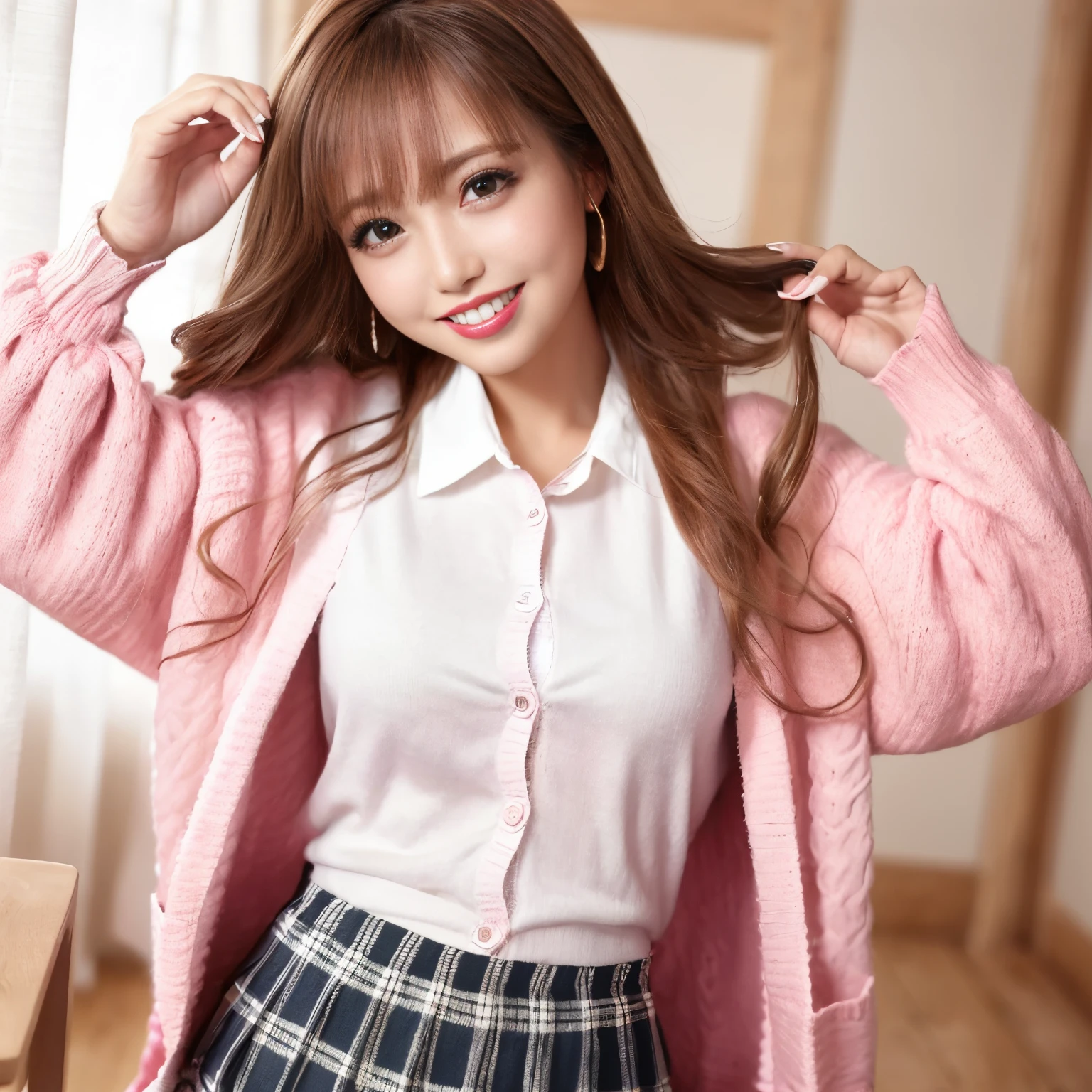 ((top-quality、masutepiece、8K、Top image quality))、(1 photo:1.5)、Highly saturated、1 girl、((Pink cardigan、White Uniform Shirt、Plaid pleated skirt))、The happiest smile、Biggest smile、Show your teeth and smile、View me、(waved hair)、The background is a school classroom、lipsticks、Perfect makeup、Emphasize body lines、large full breasts、(accurate anatomy:1.3)、(perfect hair:1.2)、Gravure Pose、(exact cardigan:1.3)