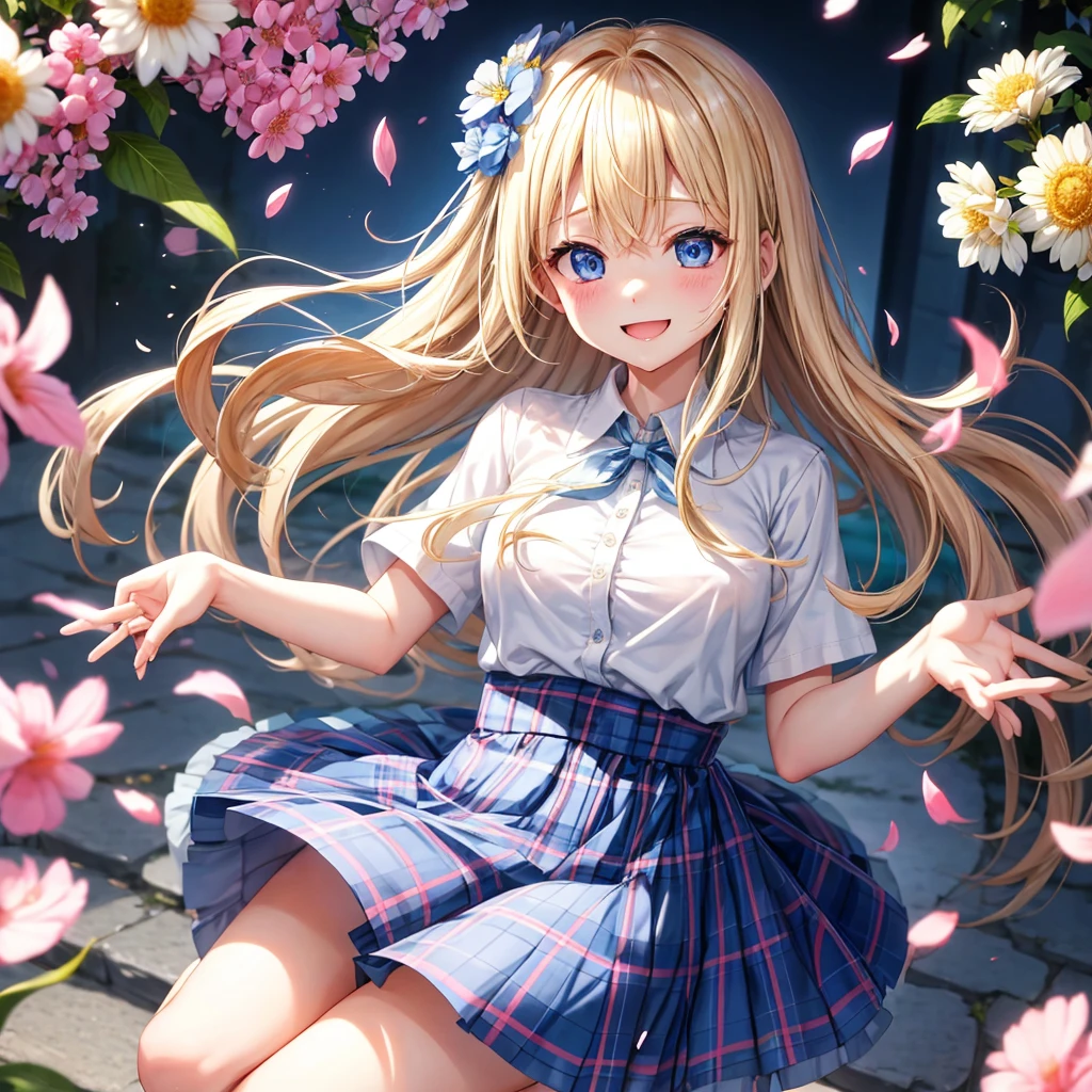 a blond、blue eyess、1 pretty girl、animesque、lightly dressed、Plaid miniskirt、flower petals、bare-legged、wetting hair、T-shirt、jumpping、you、piece、Smiling