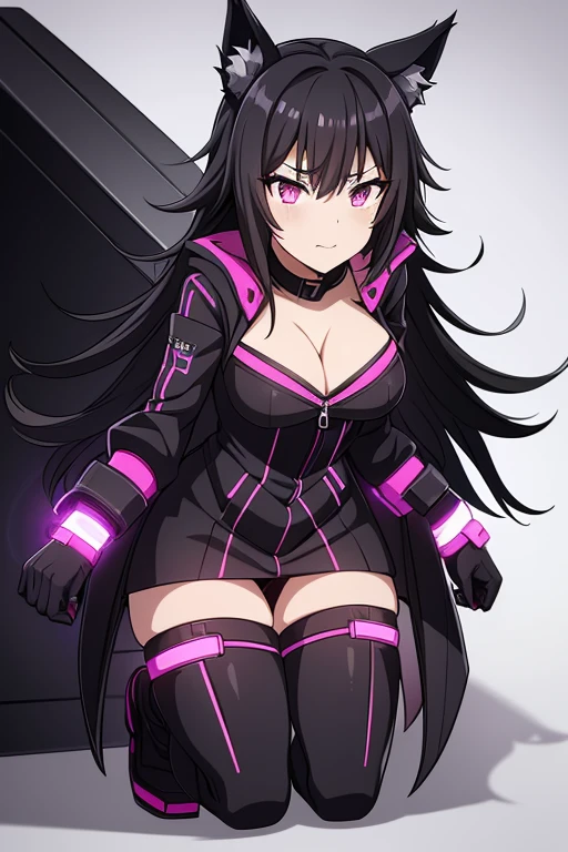 female, black hair, wolf ears, wolf tail, silver eyes, black and purple full body cyberpunk suit, fur trim, cleavage, magenta trim, futuristic gloves, futuristic boots