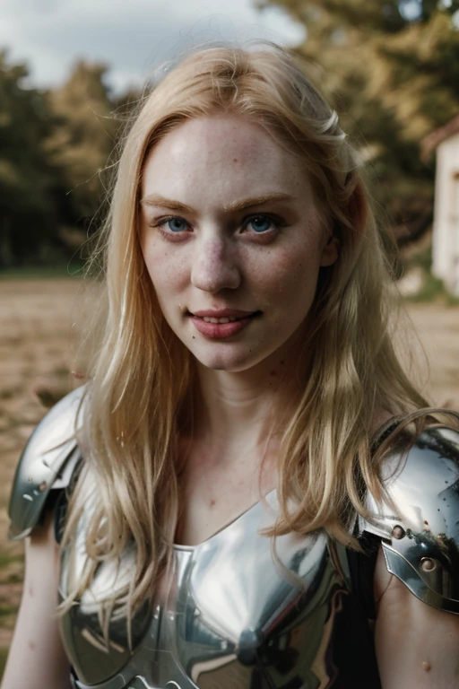 Ultra realistic photography of dbwl woman with many huge beauty marks on her natural pale white skin  ,   ( full body portrait)   ,  (SFW),  (((wearing chrome knight armor))), upper arms,  ((in frame)),  

 ((fighting stance)),   natural (  pale light blonde eyelashes) , blue eyes, medieval background,
 detailed Natural pale white skin  with (many huge round beauty marks) , smile, light pale blonde eyebrows,
 happy, clean cheeks,
detailed, natural light blonde,  outdoors, sunny, high resolution, photograph, RAW photo, chr0me4rmor, [[sexy]]