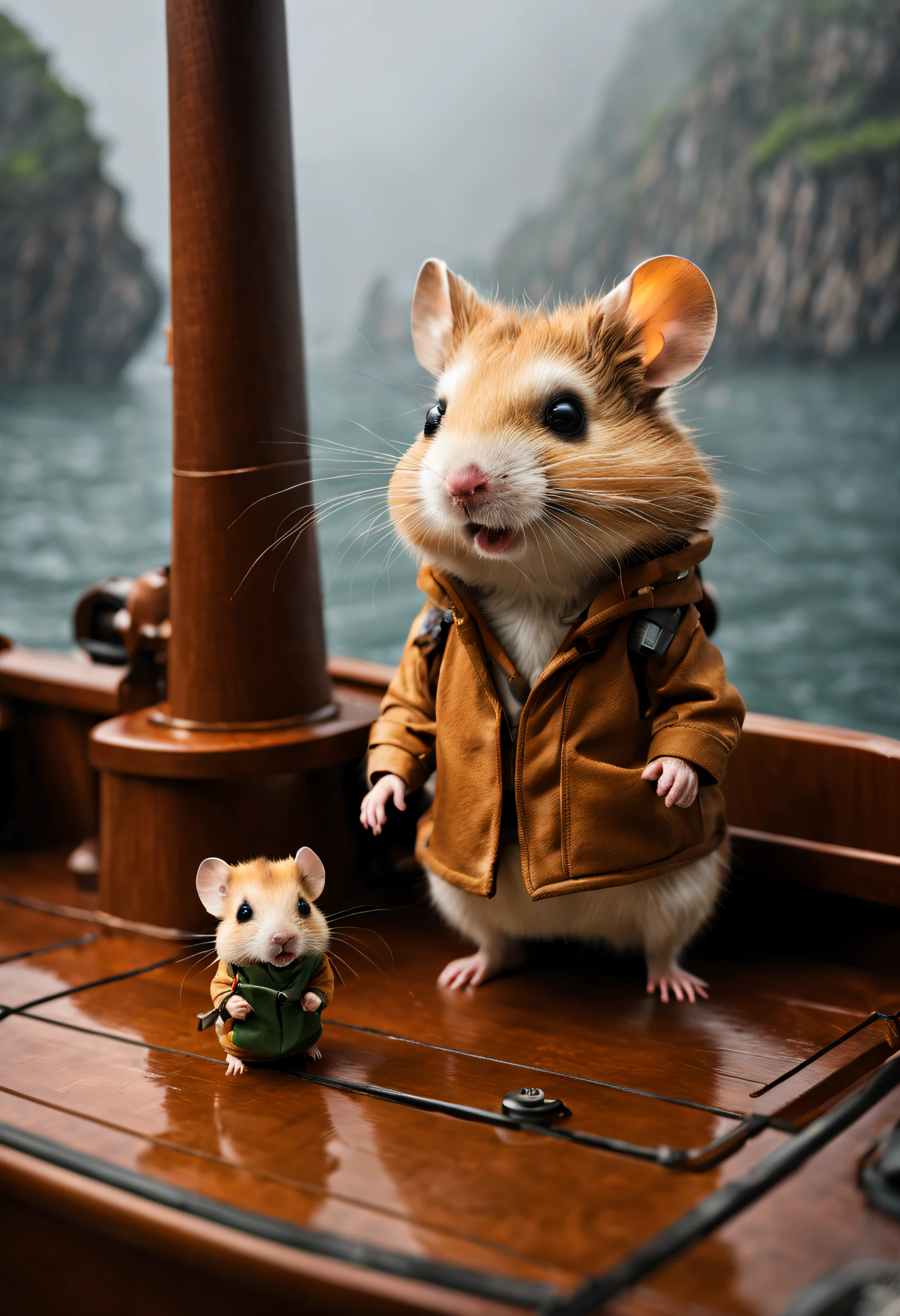on the foggy sea,Little Hamster and Little Groot embark on an adventure,On the boat,Felicia Simien and Studio Ghibli-style minimalist photography《adventuring》,Maximalism,fine art,电影灯光,negative space,Dark art,ultra-realistic realism