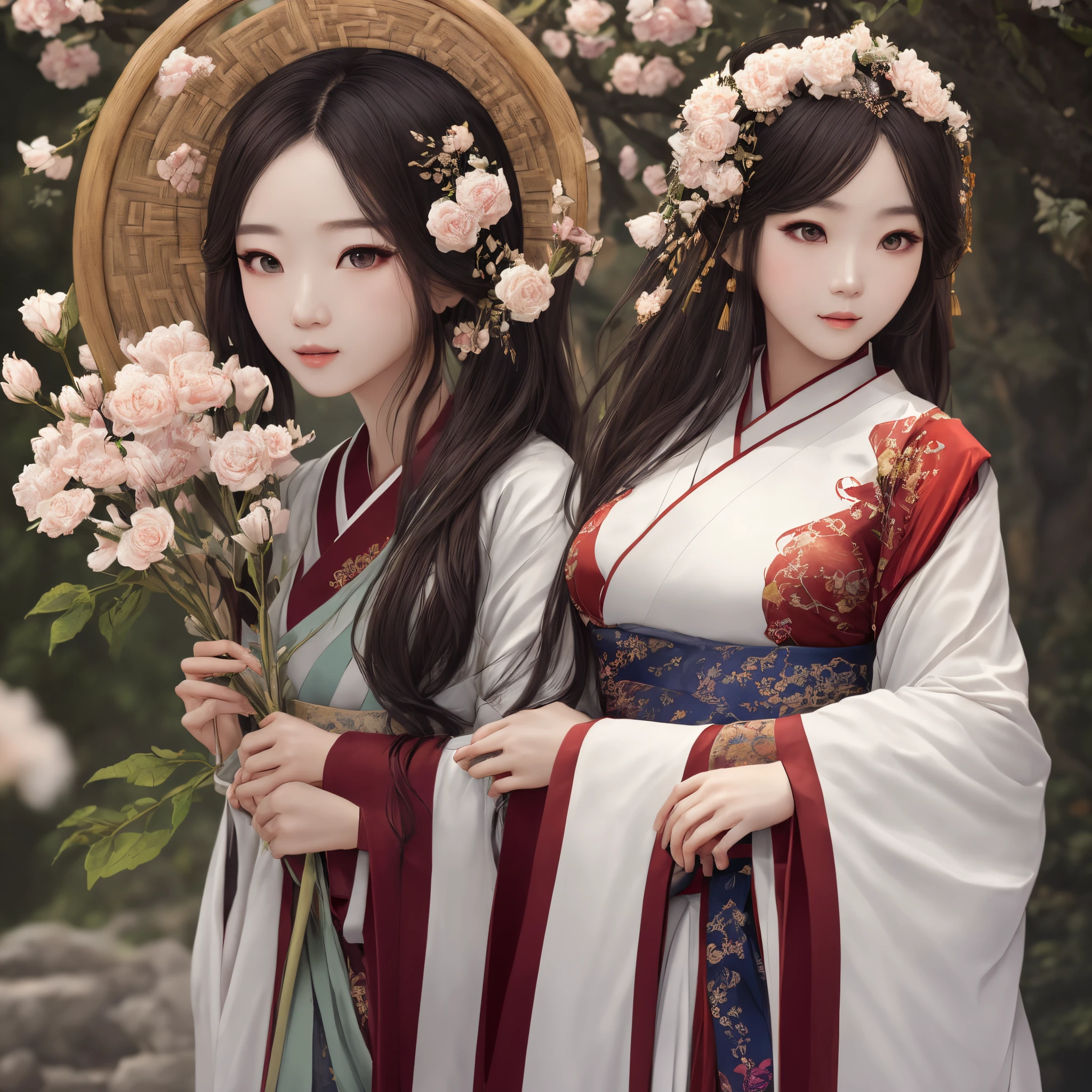 best quality,masterpiece,illustration,an extremely deciple and beautiful,extremely detailed,CG,unity,8k wallpaper,Amazing,finely detail,master,best quality,official art, extremely detailed CG unity 8k wallpaper, ridiculous, incredibly ridiculous, huge file size, super detailed, high resolution, very detailed, pretty detailed girl, very detailed eyes and face, beautiful detailed eyes, light on face, (Hanfu: 1.1), 1girl, Chinese white Hanfu, tall figure, full body photo, big breasts, bangs hairstyle, holding flowers