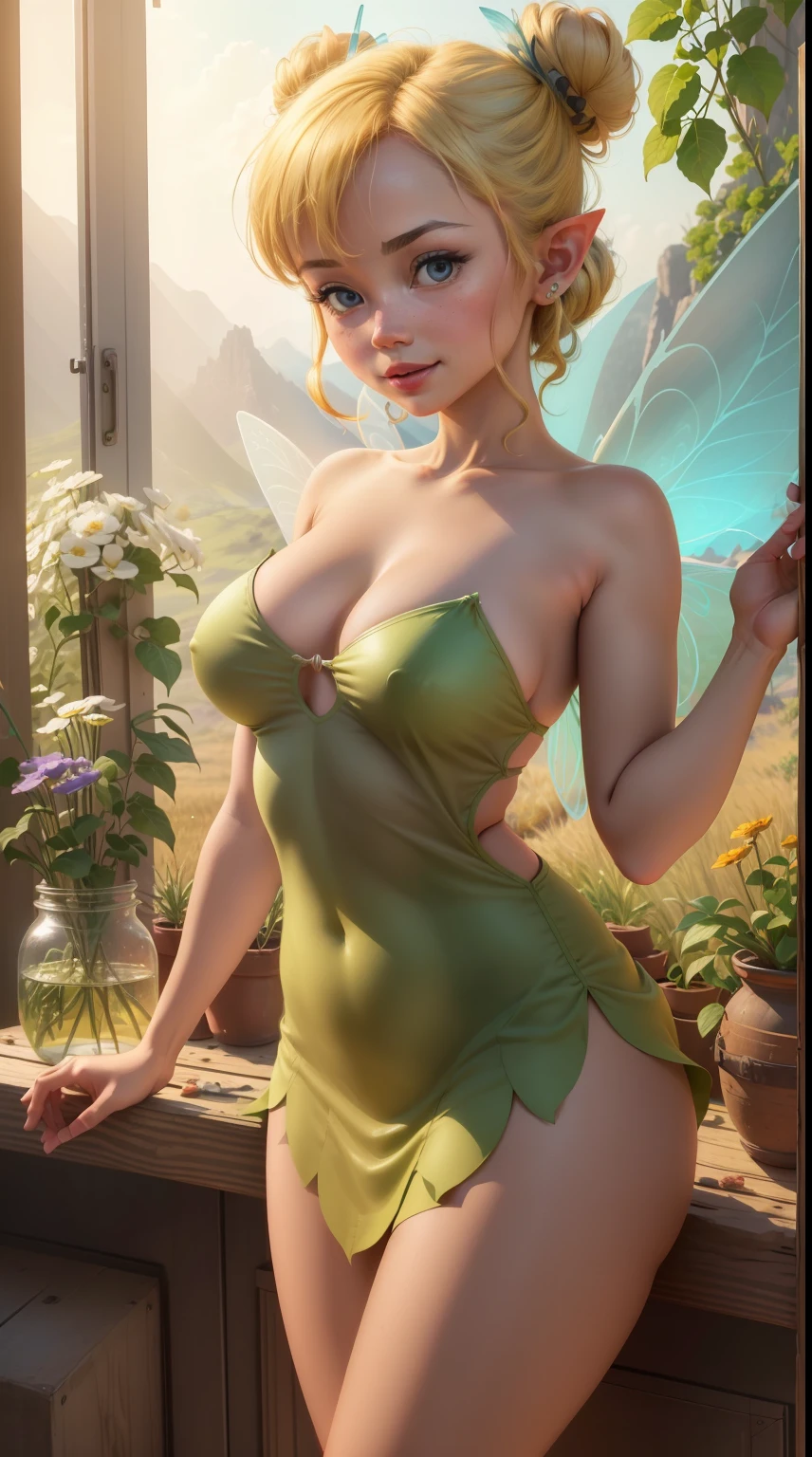 (tinquaf:1), ssmile, Cute big breasts, Cute pose, looking at viewert, Thigh thick, single hair bun, pointy ears,Short hair details, (Green bandeau dress:1), (Fairy wings), sitted, (breasts focus:1.2), from the above,
(actual:1.2), (Endless realism), (tmasterpiece:1.2), (Best quality), (ultra - detailed), (8K, 4K, iintricate),(fully body photo:1),(cow boy shooting:1.2), (85mm),Light particles, lamplight, (The content is very detailed:1.2),(Detailed faces:1.2), (slope), NSFW, Colorful,(詳細な目:1.2),
(Detailed landscape, Inside a glass jar:1.2),(detailedbackground),Detailed landscape, (dynamic angle:1.2), (dynamicposes:1.2), (rule of third_artwork of a:1.3), (Line of action:1.2), wide wide shot, rays of sunshine, Alone,