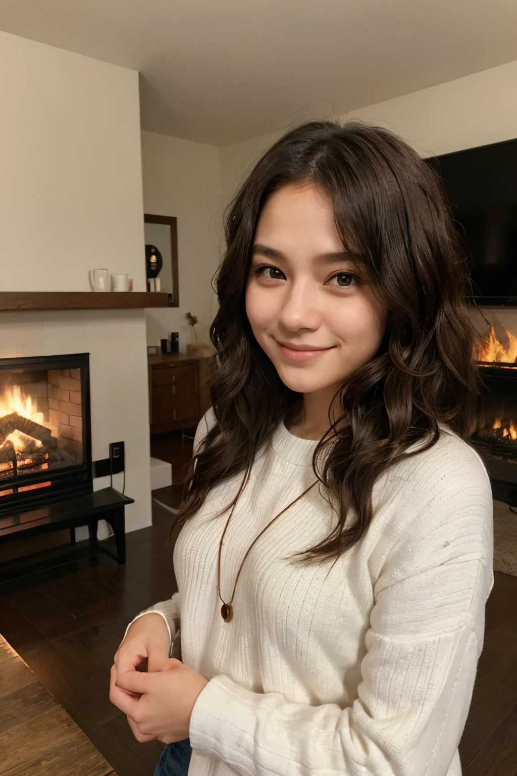a five years girl、A smile、short non-binary person, wavy brown eyes and hair、Simple modern living room background with fireplace