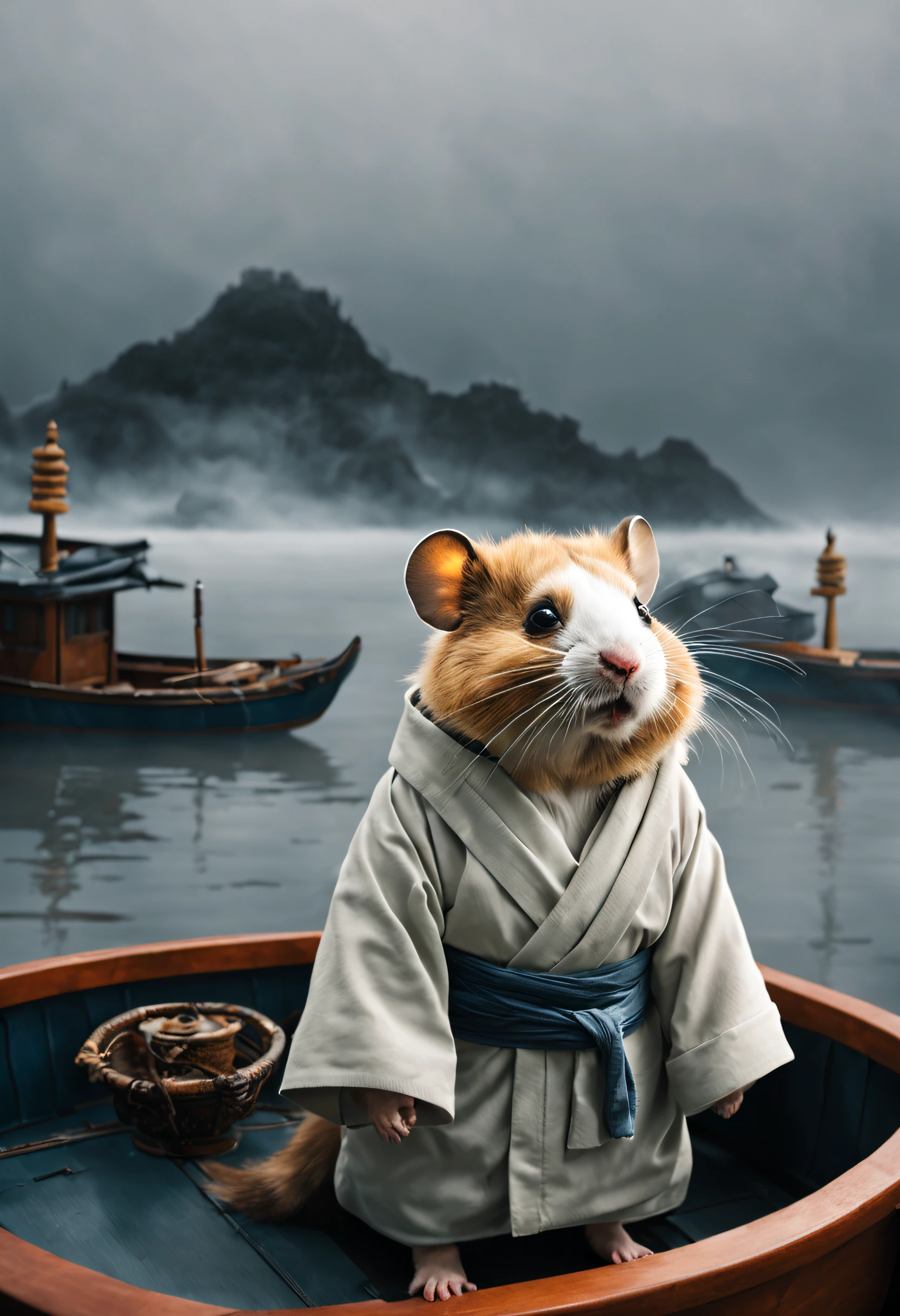 The vast sea is filled with thick fog，Adventurer hamster standing on the boat，wearing shabby robes，exploratory expression，Inspired by the movie《The life of pi》，from the edge of infinity，Felicia Simien and Studio Ghibli-style minimalist photography，Maximalism，fine art，电影灯光，negative space，Dark art，ultra-realistic realism，Ukiyoe resonance 00 --ar 9：16 -- Chaos 15 -- Version 5.2 --s 2