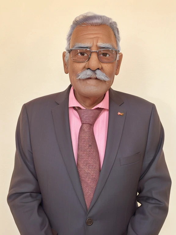 Elderly Indian man, wearing square shape glasses. He is wearing a brown formal suit and a salmon shirt with a red tie. He has a grey moustache, brown eyes and short grey hair. Mole on right check.