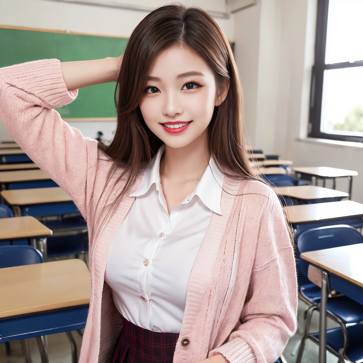 ((top-quality、masutepiece、8K、Top image quality))、(1 photo:1.5)、Highly saturated、1 schoolgirl、((Pink cardigan、white uniform polyester shirt、Plaid pleated skirt))、The happiest smile、Biggest smile、Show your teeth and smile、View me、、High school classroom in the background、Detailed High School Classroom Background、((red lipsticks、waved hair、Perfect makeup、very long eyelashes、Fair skin、Brown hair、a blond))、Emphasize body lines、large full breasts、(accurate anatomy:1.3)、(perfect hair:1.2)、(exact cardigan:1.3)