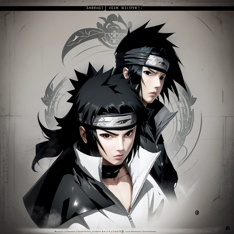 Make the image of Sasuke Uchiha how is it in the manga, image, in black and white and black jacket