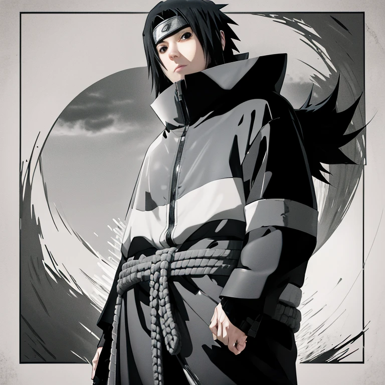 Make the image of Sasuke Uchiha how is it in the manga, image, in black and white and black jacket