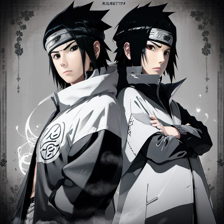 Make the image of Sasuke Uchiha how is it in the manga, image, in black and white and black jacket
