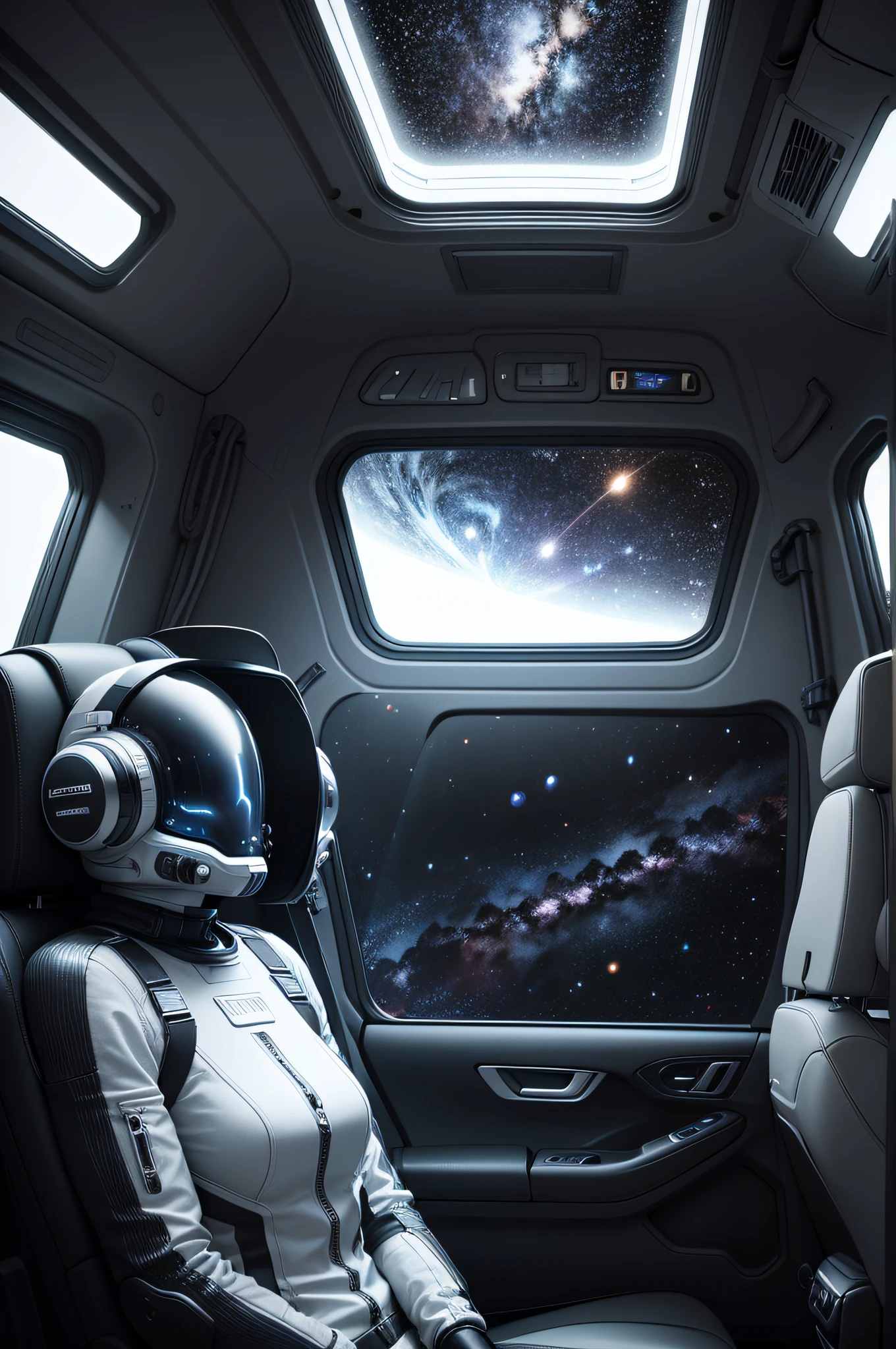 Scene inside the car，There's a spaceship outside，space scene，milky ways，Space landscape，a line drawing，Detailed pubic hair，Outer space environment，There is a cyberpunk style，Black and white line drawing