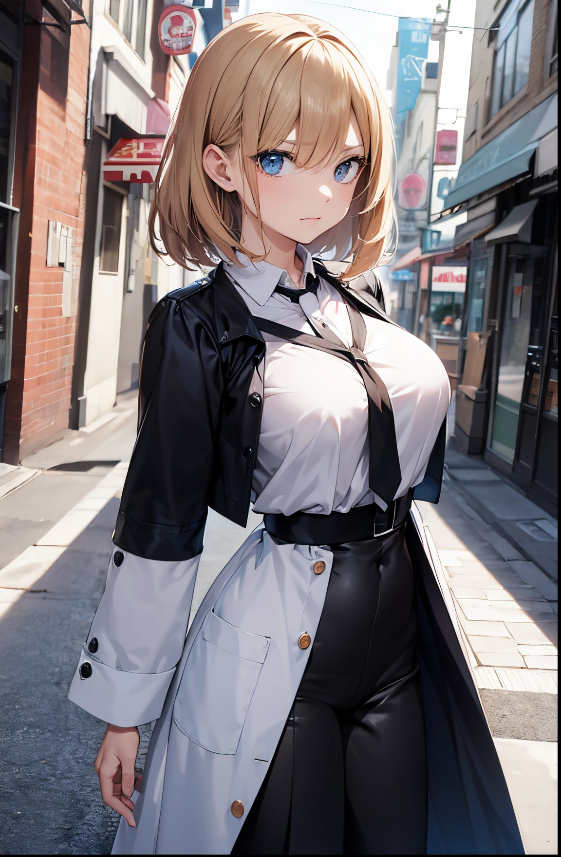 2D Anime Style、hight resolution,Blue eyes、Beautiful shining eyes, (Talented lo-fi:1.3),breasts are slightly larger、high and beautiful nose,Beautiful face with slender contours,An adult woman with short blond hair looking very angry......................、,Fashion that shows off your stomach, he is wearing a white shirt and black pants、and is wearing a long black coat。。。。。。..,walking down the streets of america,