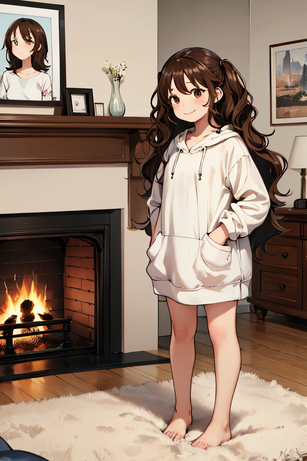 a girl、A smile、short non-binary person, wavy brown eyes and hair、Simple modern living room background with fireplace