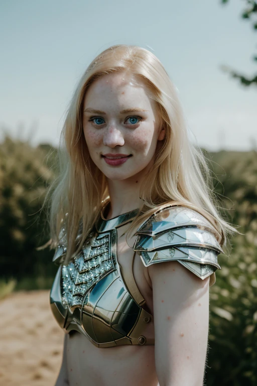 Ultra realistic photography of dbwl woman with many huge beauty marks on her natural pale white skin  ,   ( full body portrait)   ,  (SFW),  (((wearing crystal knight armor, glowing, sparkle))), upper arms,  ((in frame)),  

 ((fighting stance)),   natural (  pale light blonde eyelashes) , blue eyes, medieval background,
 detailed Natural pale white skin  with (many huge round beauty marks) , smile, light pale blonde eyebrows,
 happy, clean cheeks,
detailed, natural light blonde,  outdoors, sunny, high resolution, photograph, RAW photo, crystal4rmor, [[sexy]]