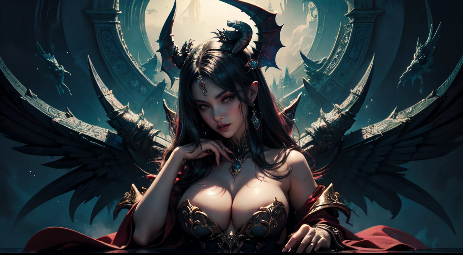 filmposter,hyper HD,A high resolution,succubi, Sensual posture, (bust), concept-art, dark fantasy background, abstract beauty, the ultra-detailed, dramatics,Gorgeous palace