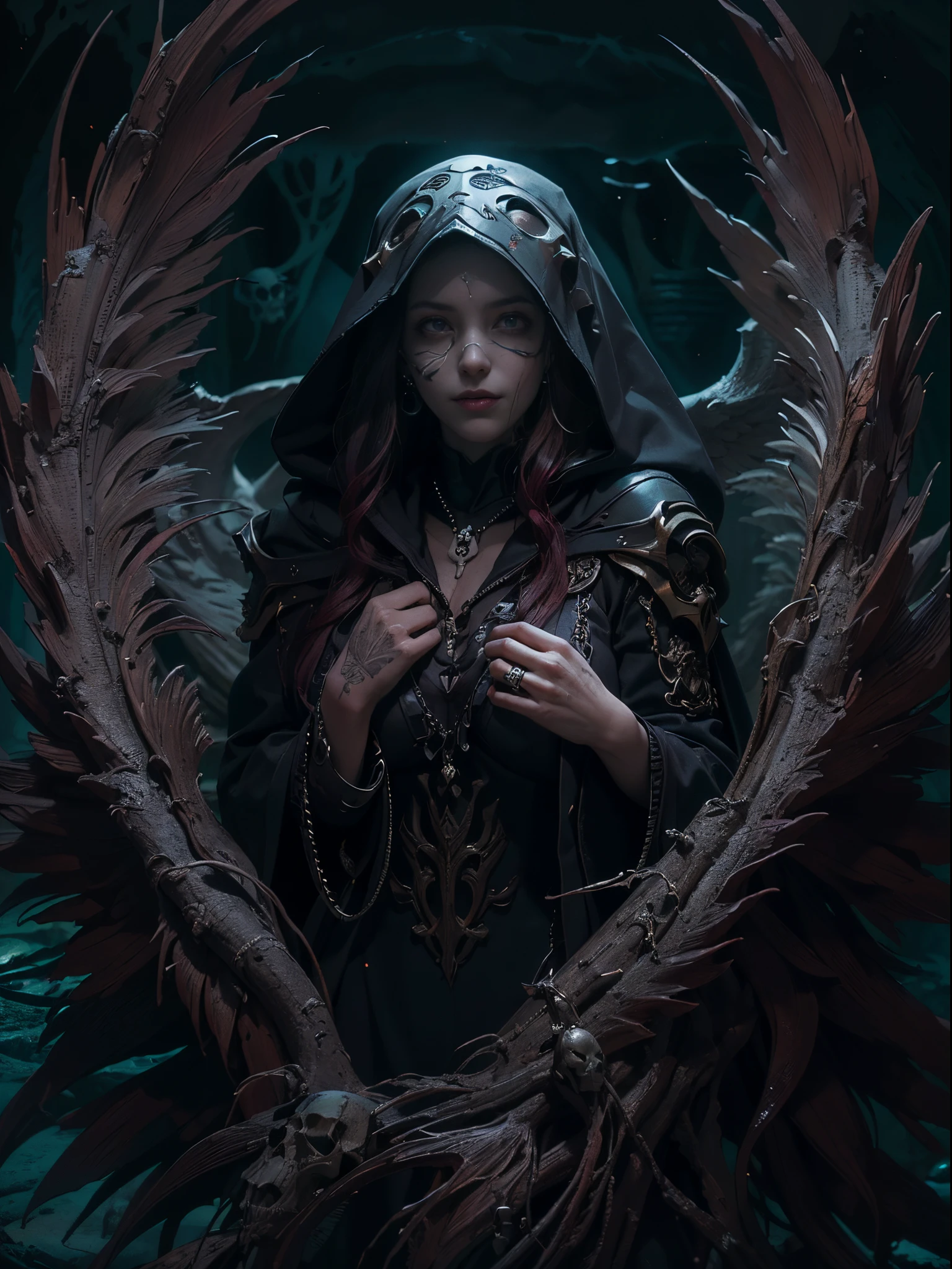 (Many award-winning works, With incredible details, textures and maximum detail), (hyper realisitc:1.4), (actual:1.3), (Draw the whole body:1.7), (up of the upper body:0.3), (The best quality real textured skin), (Detailed true round eyes), (exquisite and beautiful face:1.4), (Beautiful and decadent image:1.5), ((medieval world)), (King of the Abyss:1.7), (Cold, Sharp eyes), (There's an evil smile on her lips, But there was no smile in her eyes at all: 1.6), (In his hand he holds the scale of the soul and the whip of fire: 1.5), (The severed soul floats with a faint light: 1.5), (Wearing a dark black hooded robe,There are intricate patterns on it:1.6), (Eyes glow red in the dark due to bioluminescence), (Dramatic light), altar, (A majestic sight), (Ominous light magic circle:1.6), Her countenance is gentle and beautiful, But a little scary, (massive wings,There are jagged black feathers behind the shoulders.:1.3), (entire body image:1.7), Folded wings, (skull pattern earrings:1.8), (The dead linger behind the king: 1.3), (((Dramatic photo))), ((dramatic pose)), (flamboyant photo), (coiffed blonde hair), (silber hair), (maroon hair), ((look up to;Inquire)), ((looking-down)), (Draw the whole body:1.7), (A beautifully crafted simple necklace hangs around her neck), The forgotten graves are overgrown with vegetation, The Great Necropolis, Underground labyrinth, Evil Temple Ruins, sacrificial hall, Mysteriously, Ancient Castle Site, Abandoned cemetery ruins, broken tomb, Swamp ruins, salama, Epic reality, faded, Artistically, (Greg Rutkoski:0.8), (cyan and orange:0.4), (art stations:1.5), Cinematic, ((com cores neutras)), (HighDynamicRange:1.5), (pastel colour:1.2), ultra - detailed, Dramatic light, (Complicated details:1.1), the complex background,