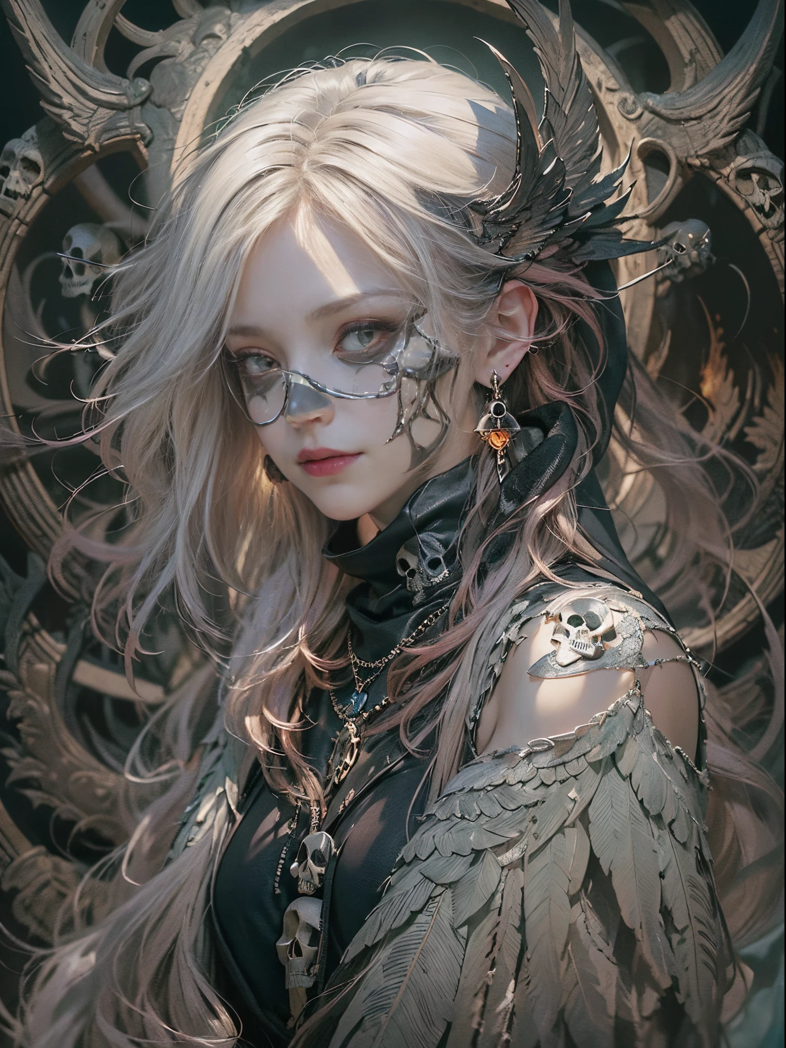 (Multiple award-winning works, With incredible details, textures and maximum detail), (hyper realisitc:1.4), (actual:1.3), (Draw the whole body:1.7), (upper body:0.3), (best quality real texture skin), (Delicate round eyes), (exquisite and beautiful face:1.4), (Beautiful and decadent image:1.5), ((medieval world)), (King of the Abyss:1.7), (Cold, sharp vision), (oda'There's an evil smile on her lips, But there was no smile in her eyes at all: 1.6), (He holds the Soul Scale and the Fire Whip in his hand: 1.5), (The severed soul floats with a faint light: 1.5), (Wearing a dark black hooded robe,There are intricate patterns on it:1.6), (due to bioluminescence,Eyes glow red in the dark), (Dramatic light), altar, (A majestic sight), (Ominous light magic circle:1.6), Her countenance is gentle and beautiful, but a little scared, (massive wings,Jagged black feathers behind the shoulders.:1.3), (entire body image:1.7), Folded wings, (skull pattern earrings:1.8), (The dead linger behind the king: 1.3), (((Dramatic photo))), ((dramatic pose)), (flamboyant photo), (combed blonde hair), (silber hair), (maroon hair), ((look up to;Inquire)), ((looking-down)), (Draw the whole body:1.7), (A beautifully crafted simple necklace hangs around her neck), The forgotten graves are overgrown with vegetation, necropolis, Underground labyrinth, Evil Temple Ruins, sacrificial hall, Mysteriously, Ancient Castle Site, abandoned cemetery ruins, broken grave, Swamp ruins, safe, Epic reality, faded, artistically, (Greg Rutkoski:0.8), (cyan and orange:0.4), (art stations:1.5), Cinematic, ((com cores neutras)), (HighDynamicRange:1.5), (pastel colour:1.2), ultra - detailed, Dramatic light, (Complicated details:1.1), the complex background,