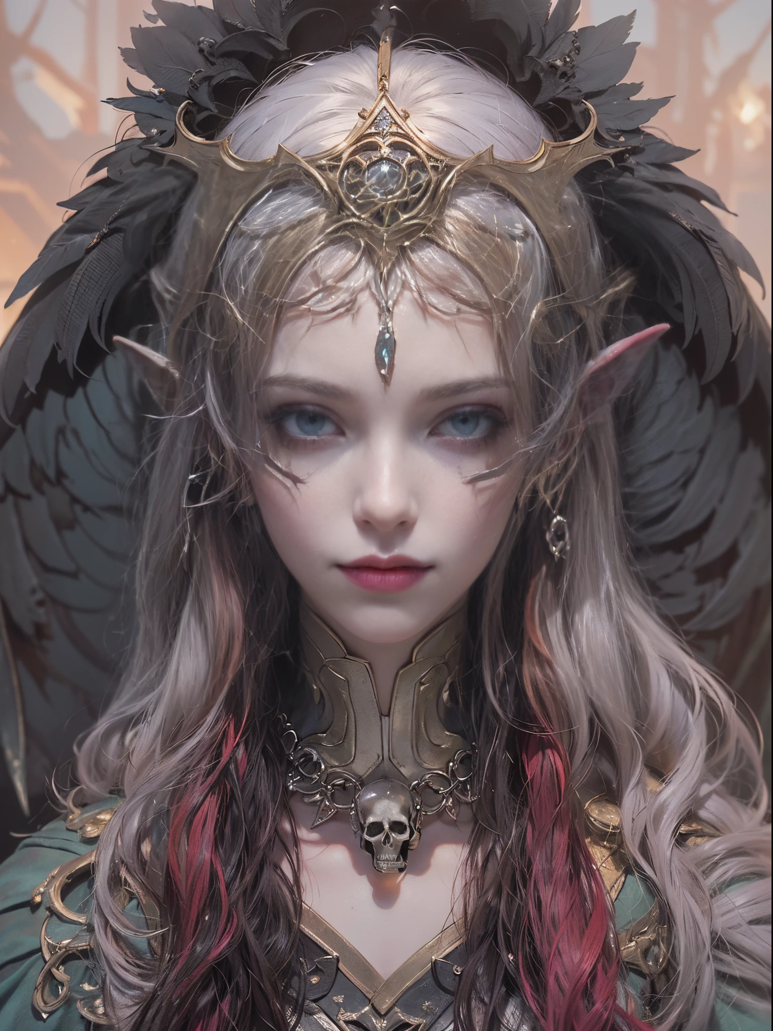 (His works have won many awards, With incredible details, textures and maximum detail), (hyper realisitc:1.4), (actual:1.3), (Draw the whole body:1.7), (The upper part of the body:0.3), (The best quality real textured skin), (delicate round eyes), (exquisite and beautiful face:1.4), (Beautiful and decadent image:1.5), ((medieval world)), (King of the Abyss:1.7), (Cold, keen vision), (oda'oda'There's an evil smile on her lips, But there was no smile in her eyes at all: 1.6), (He holds soul scales and fire whip in his hand: 1.5), (The severed soul floats with a faint light: 1.5), (Wearing a dark black hooded robe,There are intricate patterns on it:1.6), (due to bioluminescence,Eyes glow red in the dark), (Dramatic light), altar, (A majestic sight), (Ominous light magic circle:1.6), Her countenance is gentle and beautiful, but a little scared, (massive wings,Jagged black feathers behind the shoulders.:1.3), (entire body image:1.7), Folded wings, (skull pattern earrings:1.8), (The dead linger behind the king: 1.3), (((Dramatic photo))), ((dramatic pose)), (flamboyant photo), (combed blonde hair), (silber hair), (maroon hair), ((look up to;Inquire)), ((looking-down)), (Draw the whole body:1.7), (A beautifully crafted simple necklace hangs around her neck), The forgotten graves are overgrown with vegetation, necropolis, Underground labyrinth, Evil Temple Ruins, sacrificial hall, Mysteriously, Ancient Castle Site, abandoned cemetery ruins, broken grave, Swamp ruins, safe, Epic reality, faded, artistically, (Greg Rutkoski:0.8), (cyan and orange:0.4), (art stations:1.5), Cinematic, ((com cores neutras)), (HighDynamicRange:1.5), (pastel colour:1.2), ultra - detailed, Dramatic light, (Complicated details:1.1), the complex background,