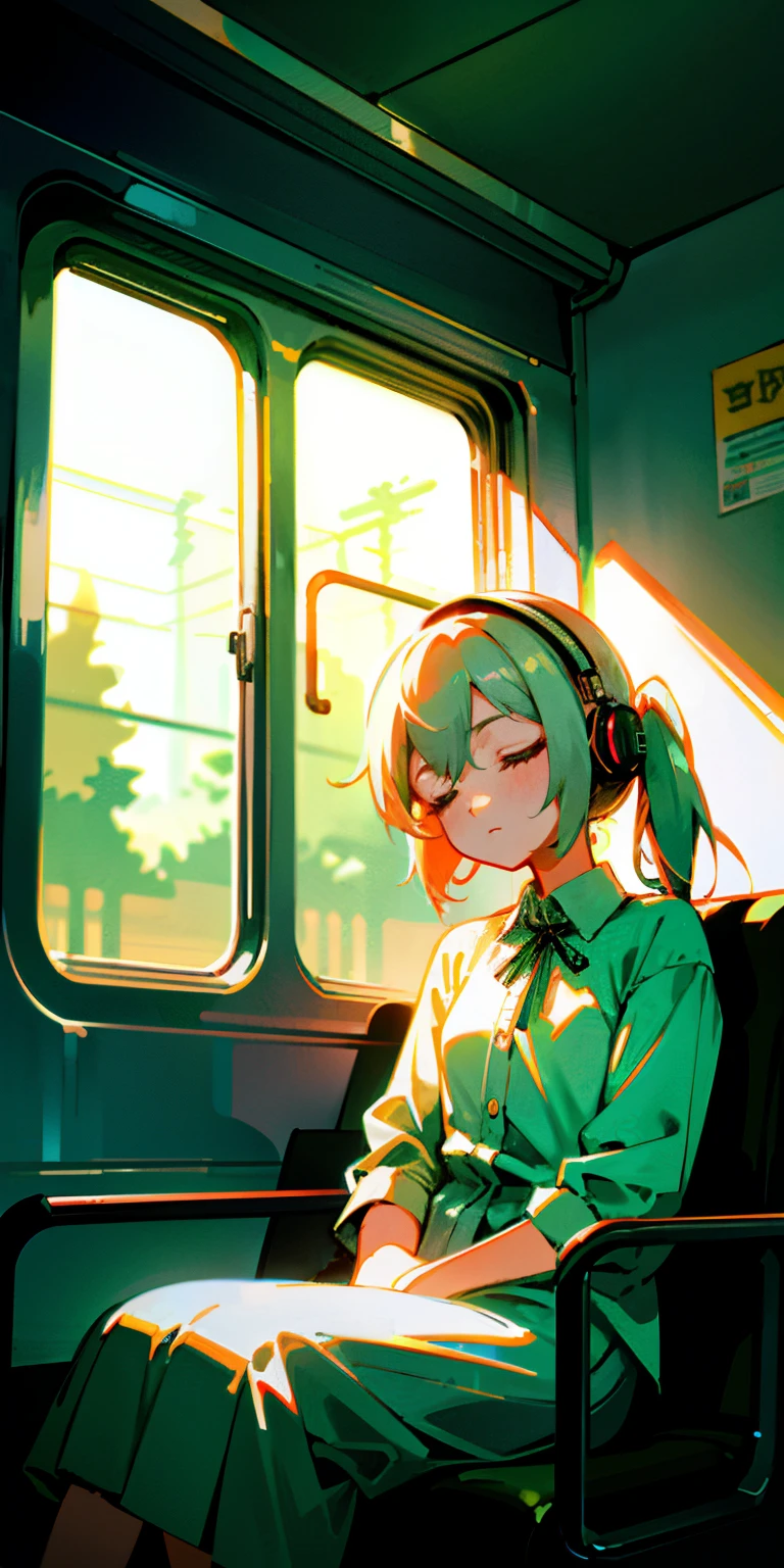 girl inside a train, eyes closed, arms crossed, sleeping, lofi style, sitting, white big sized shirt, looking at the window view, green tied pony hair, breakdomain, headphone listening to music, nice shot ose,Neon Light,