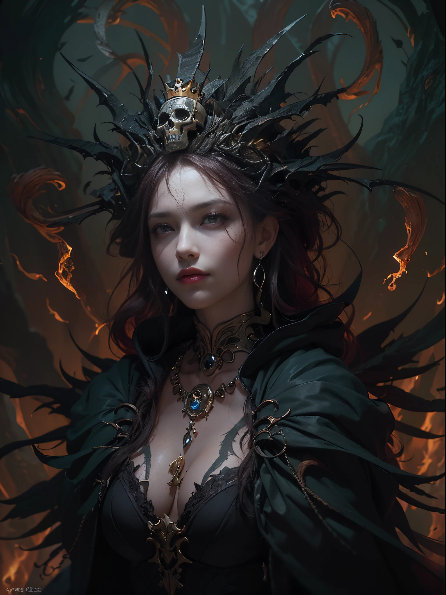 (His works have won many awards, With incredible details, textures and maximum detail), (hyper realisitc:1.4), (actual:1.3), (Draw the whole body:1.7), (The upper part of the body:0.3), (The best quality real textured skin), (delicate round eyes), (exquisite and beautiful face:1.4), (Beautiful and decadent image:1.5), ((medieval world)), (King of the Abyss:1.7), (Cold, keen vision), (oda'oda'There's an evil smile on her lips, But there was no smile in her eyes at all: 1.6), (He holds soul scales and fire whip in his hand: 1.5), (The severed soul floats with a faint light: 1.5), (Wearing a dark black hooded robe,There are intricate patterns on it:1.6), (due to bioluminescence,Eyes glow red in the dark), (Dramatic light), altar, (A majestic sight), (Ominous light magic circle:1.6), Her countenance is gentle and beautiful, but a little scared, (massive wings,Jagged black feathers behind the shoulders.:1.3), (entire body image:1.7), Folded wings, (skull pattern earrings:1.8), (The dead linger behind the king: 1.3), (((Dramatic photo))), ((dramatic pose)), (flamboyant photo), (combed blonde hair), (silber hair), (maroon hair), ((look up to;Inquire)), ((looking-down)), (Draw the whole body:1.7), (A beautifully crafted simple necklace hangs around her neck), The forgotten graves are overgrown with vegetation, necropolis, Underground labyrinth, Evil Temple Ruins, sacrificial hall, Mysteriously, Ancient Castle Site, abandoned cemetery ruins, broken grave, Swamp ruins, safe, Epic reality, faded, artistically, (Greg Rutkoski:0.8), (cyan and orange:0.4), (art stations:1.5), Cinematic, ((com cores neutras)), (HighDynamicRange:1.5), (pastel colour:1.2), ultra - detailed, Dramatic light, (Complicated details:1.1), the complex background,