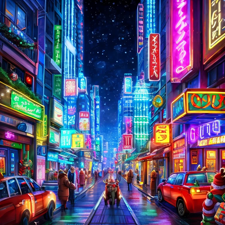 reindeer、Christmas、Sled、A picture book-like world view、high-level image quality、Neon City