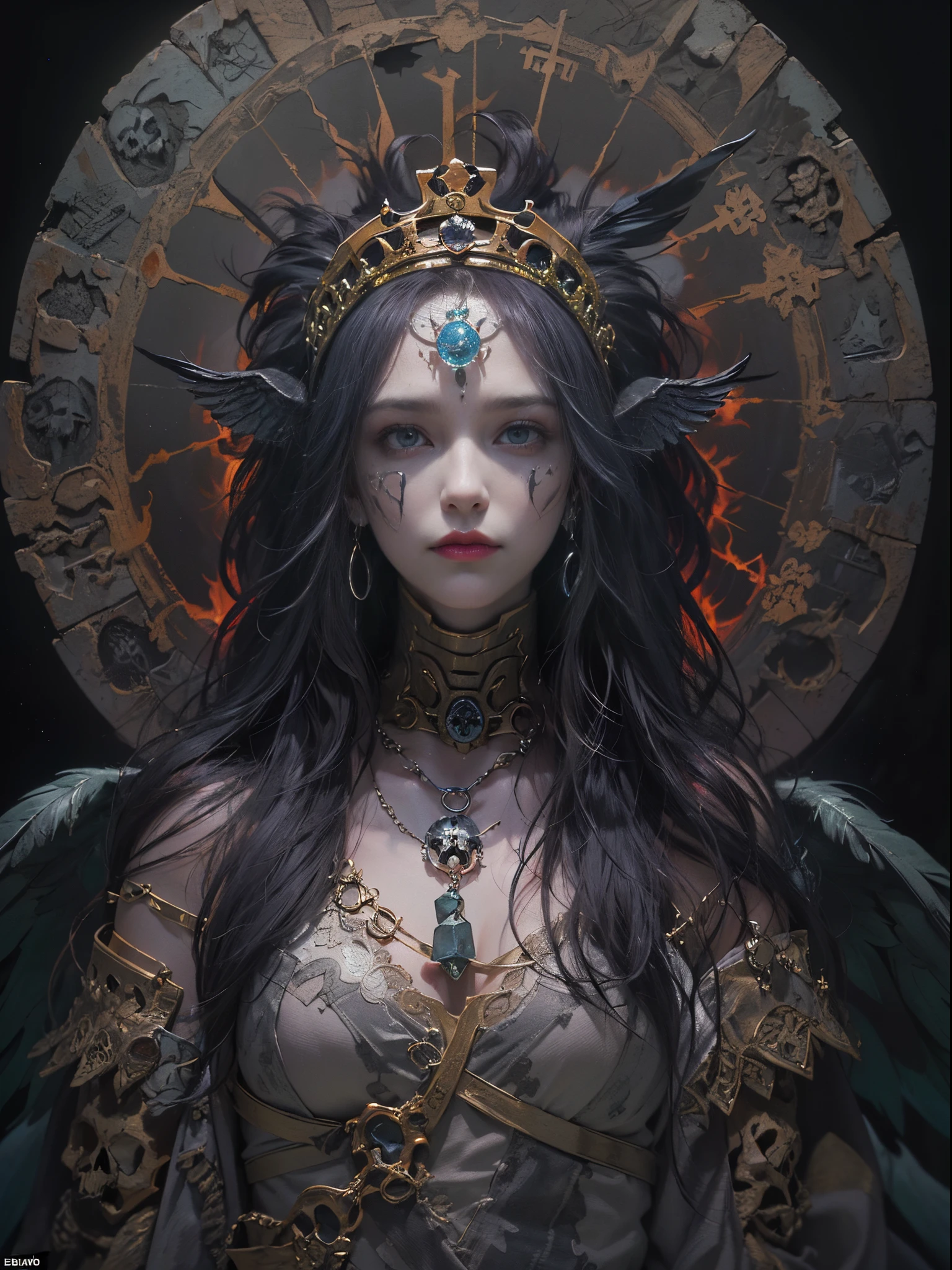 (His works have won many awards, With incredible details, textures and maximum detail), (hyper realisitc:1.4), (actual:1.3), (Draw the whole body:1.7), (upper part of body:0.3), (best quality real texture skin), (delicate round eyes), (exquisite and beautiful face:1.4), (Beautiful and decadent image:1.5), ((medieval world)), (King of the Abyss:1.7), (Cold, keen vision), (oda'oda'oda'There's an evil smile on her lips, But there was no smile in her eyes at all: 1.6), (He holds soul scales and fire whips in his hands: 1.5), (The severed soul floats with a faint light: 1.5), (Wearing a dark black hooded robe,There are intricate patterns on it:1.6), (due to bioluminescence,Eyes glow red in the dark), (Dramatic light), altar, (A majestic sight), (Ominous light magic circle:1.6), Her countenance is gentle and beautiful, but a little scared, (massive wings,Jagged black feathers behind the shoulders.:1.3), (entire body image:1.7), Folded wings, (skull pattern earrings:1.8), (The dead linger behind the king: 1.3), (((Dramatic photo))), ((dramatic pose)), (flamboyant photo), (combed blonde hair), (silber hair), (maroon hair), ((look up to;Inquire)), ((looking-down)), (Draw the whole body:1.7), (A beautifully crafted simple necklace hangs around her neck), The forgotten graves are overgrown with vegetation, necropolis, Underground labyrinth, Evil Temple Ruins, sacrificial hall, Mysteriously, Ancient Castle Site, abandoned cemetery ruins, broken grave, Swamp ruins, safe, Epic reality, faded, artistically, (Greg Rutkoski:0.8), (cyan and orange:0.4), (art stations:1.5), Cinematic, ((com cores neutras)), (HighDynamicRange:1.5), (pastel colour:1.2), ultra - detailed, Dramatic light, (Complicated details:1.1), the complex background,