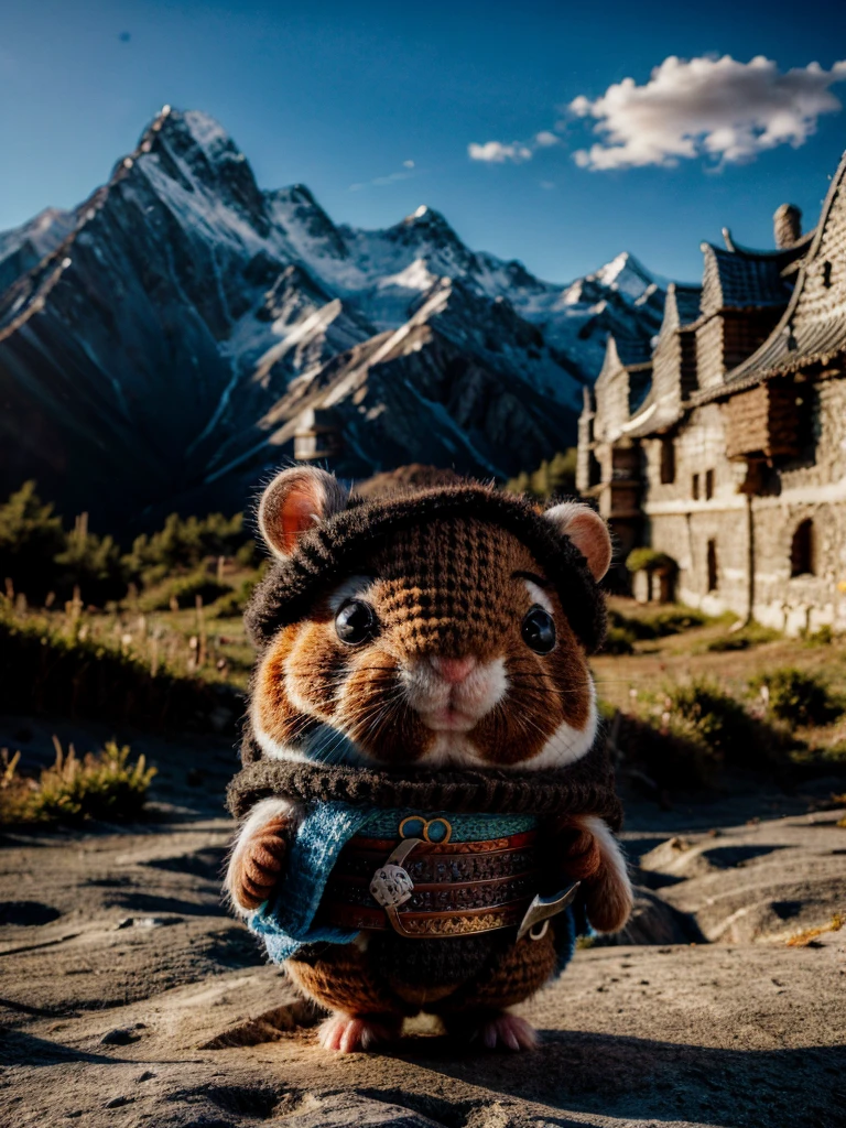 ZhenXian\(wanou\), a cute hamster illustration, brave warrior, medieval style, 3d animation, mountains on the background, Blurry background