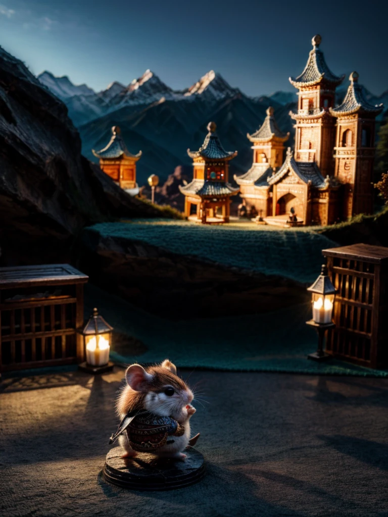 ZhenXian\(wanou\), a cute hamster illustration, brave warrior, medieval style, 3d animation, mountains on the background, Blurry background